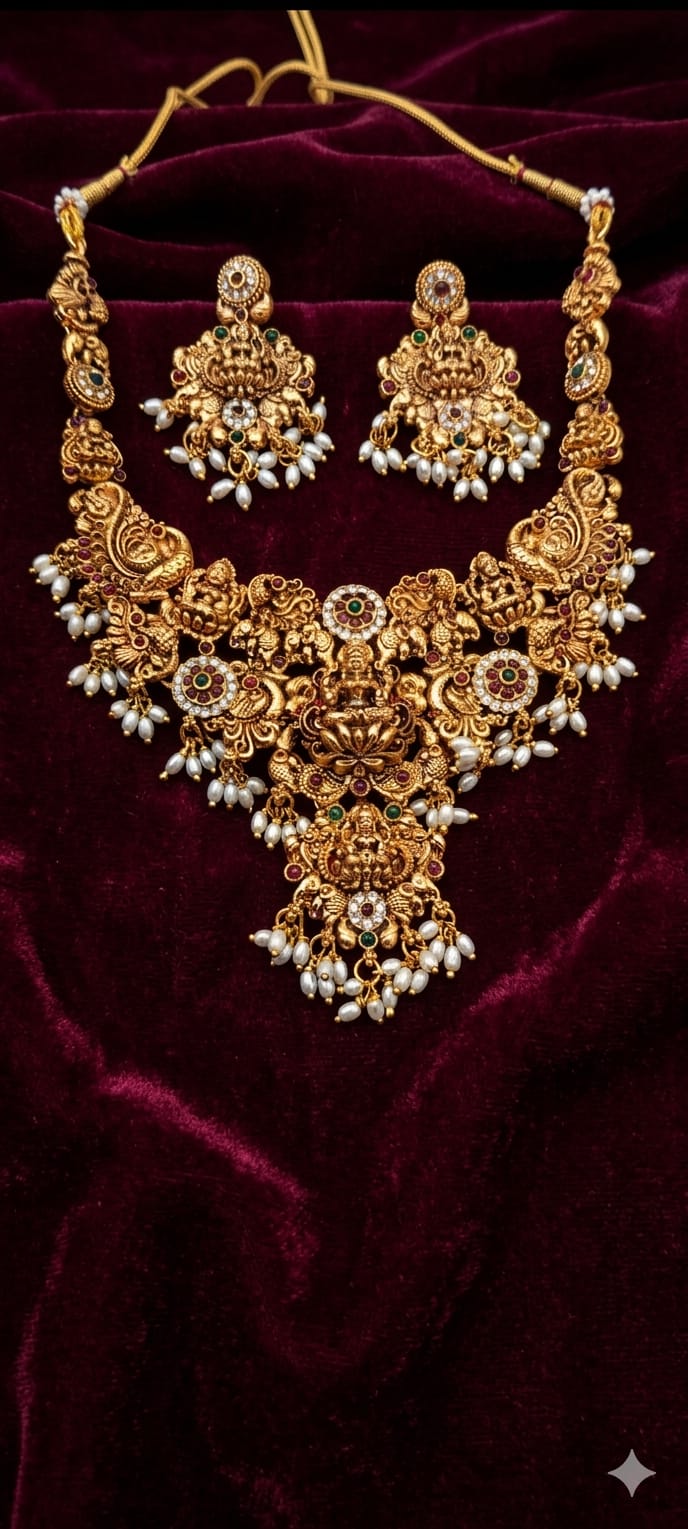 Traditional Antique Gold-Plated Necklace Earrings Set