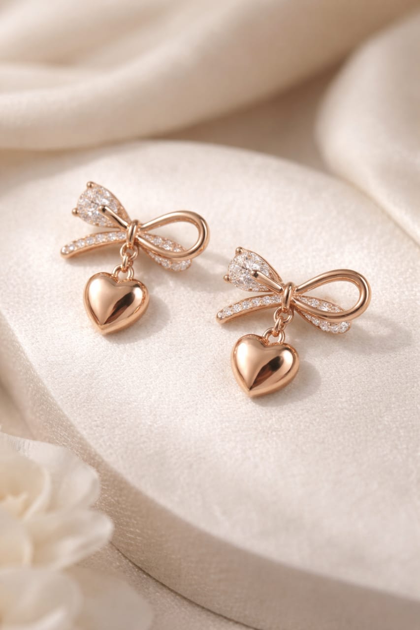 Rose Gold Bow Heart Earrings