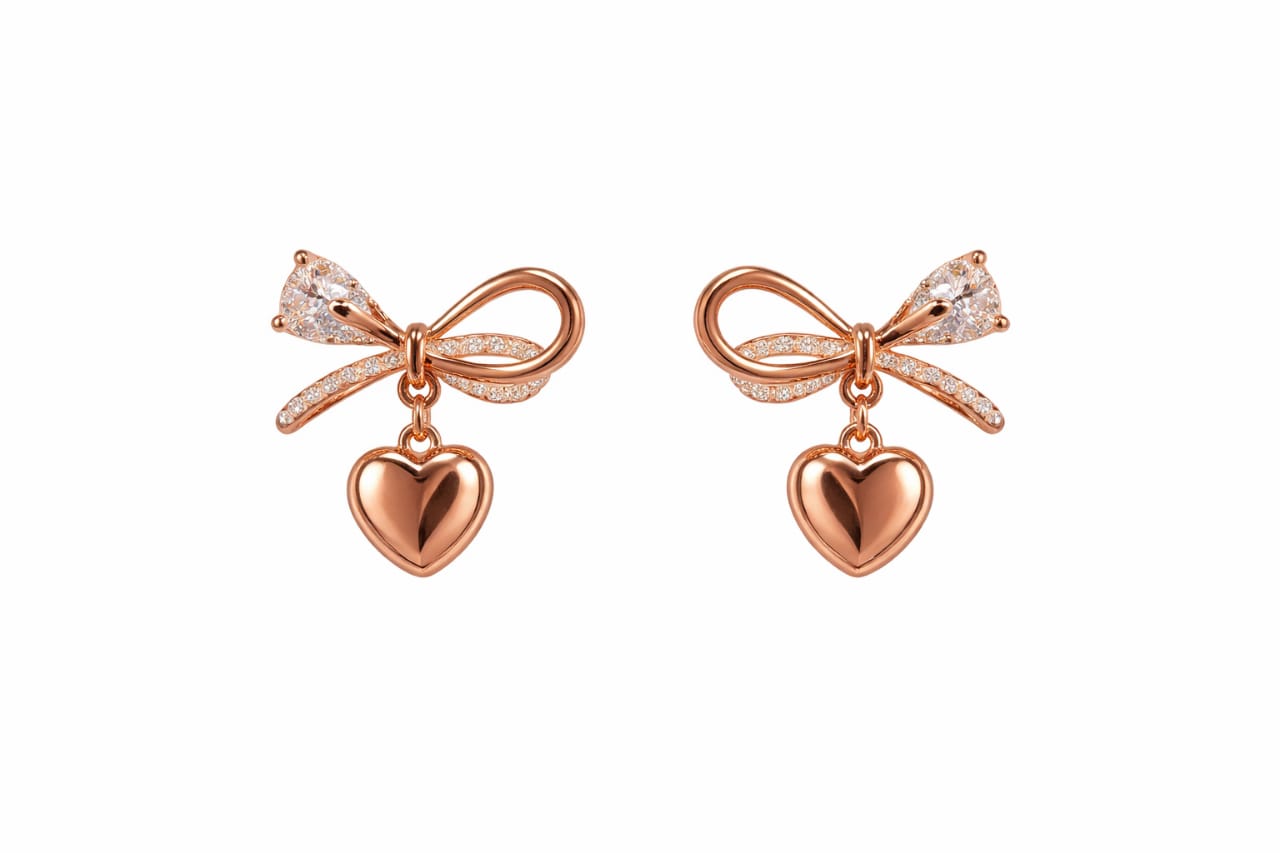 Rose Gold Bow Heart Earrings