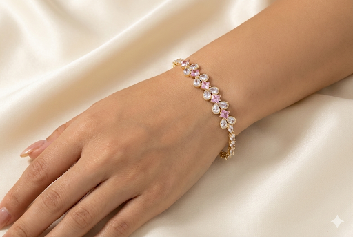 Elegant Gold Plated Bracelet with Pink and White Stones