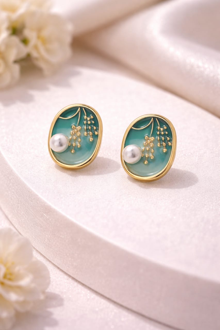 Emerald Blossom Pearl Stud Earrings