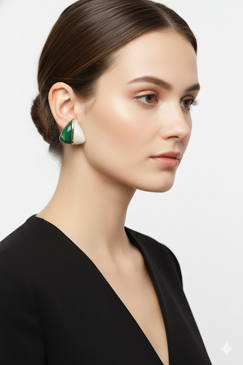 Green and White Triangle Earrings
