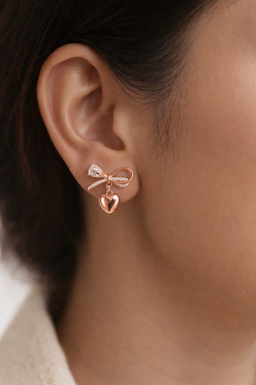 Rose Gold Bow Heart Earrings
