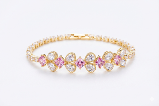 Elegant Gold Plated Bracelet with Pink and White Stones