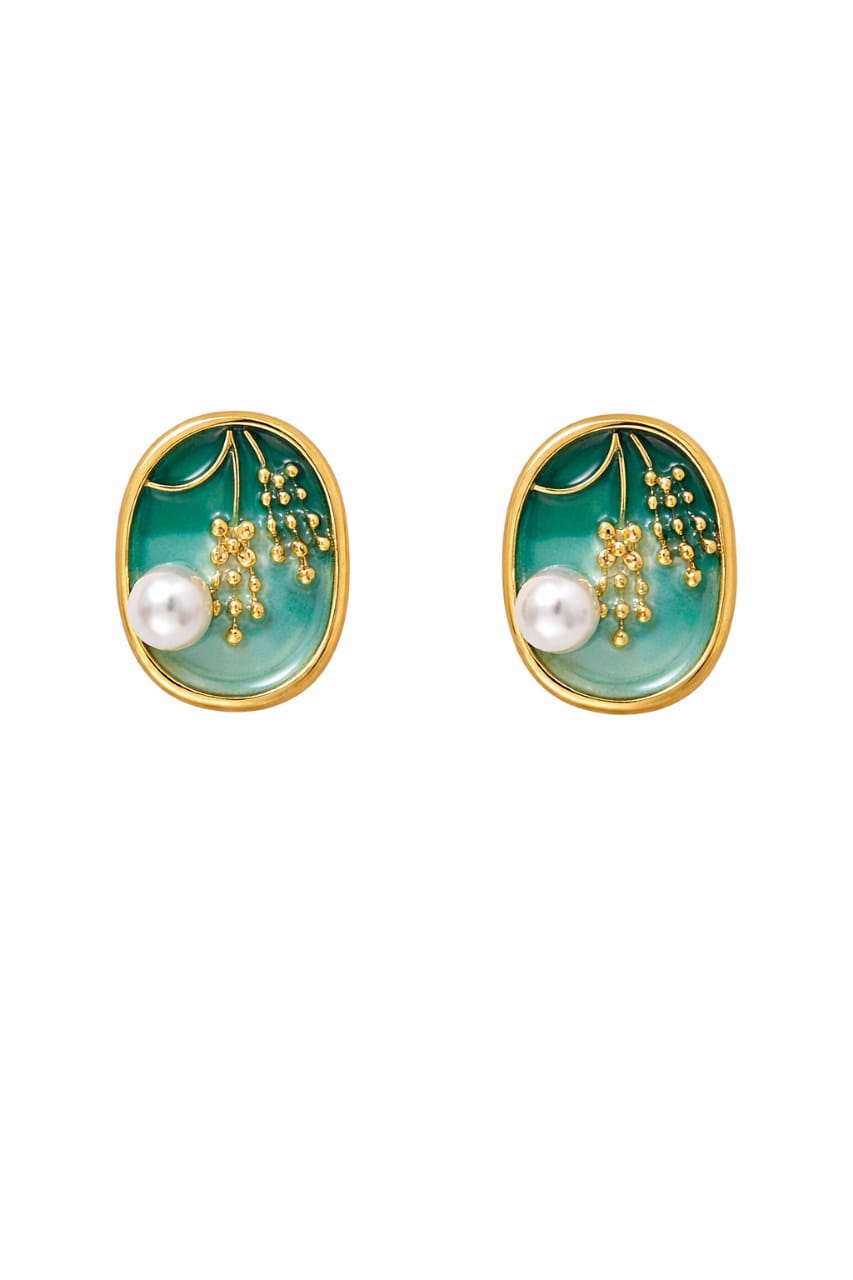 Emerald Blossom Pearl Stud Earrings