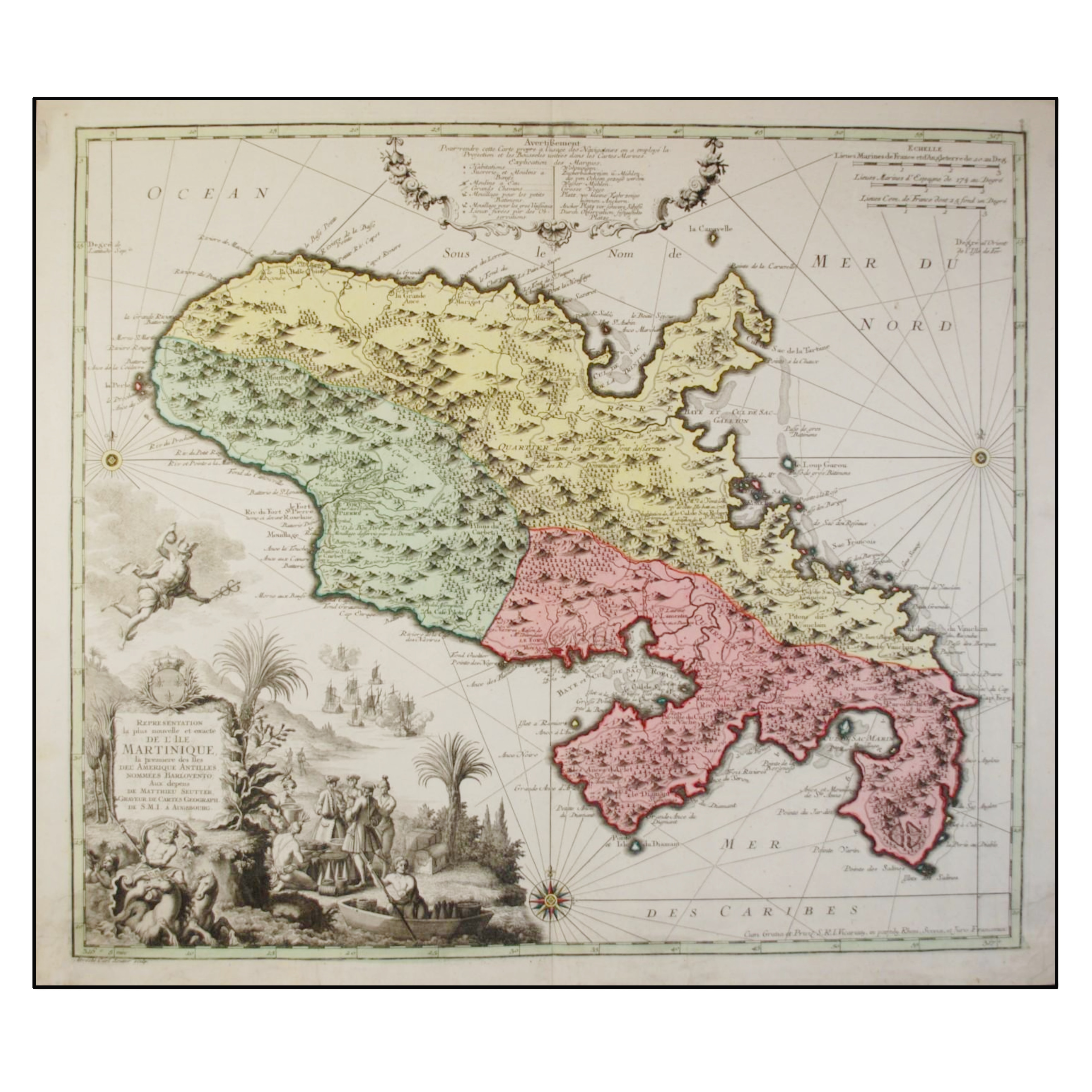 REPRESENTATION LA PLUS NOUVELLE ET EXACTE DE L'ILE MARTINIQUE, LA PREMIERE DES ILES DEL' AMERIQUE ANTILLES NOMMEES BARLOVENTO, AUX DEPENS DE MATTHIEU SEUTTER GRAVEUR DE CARTES GEOGRAPH DE S.M.I. A AUGBOURG.