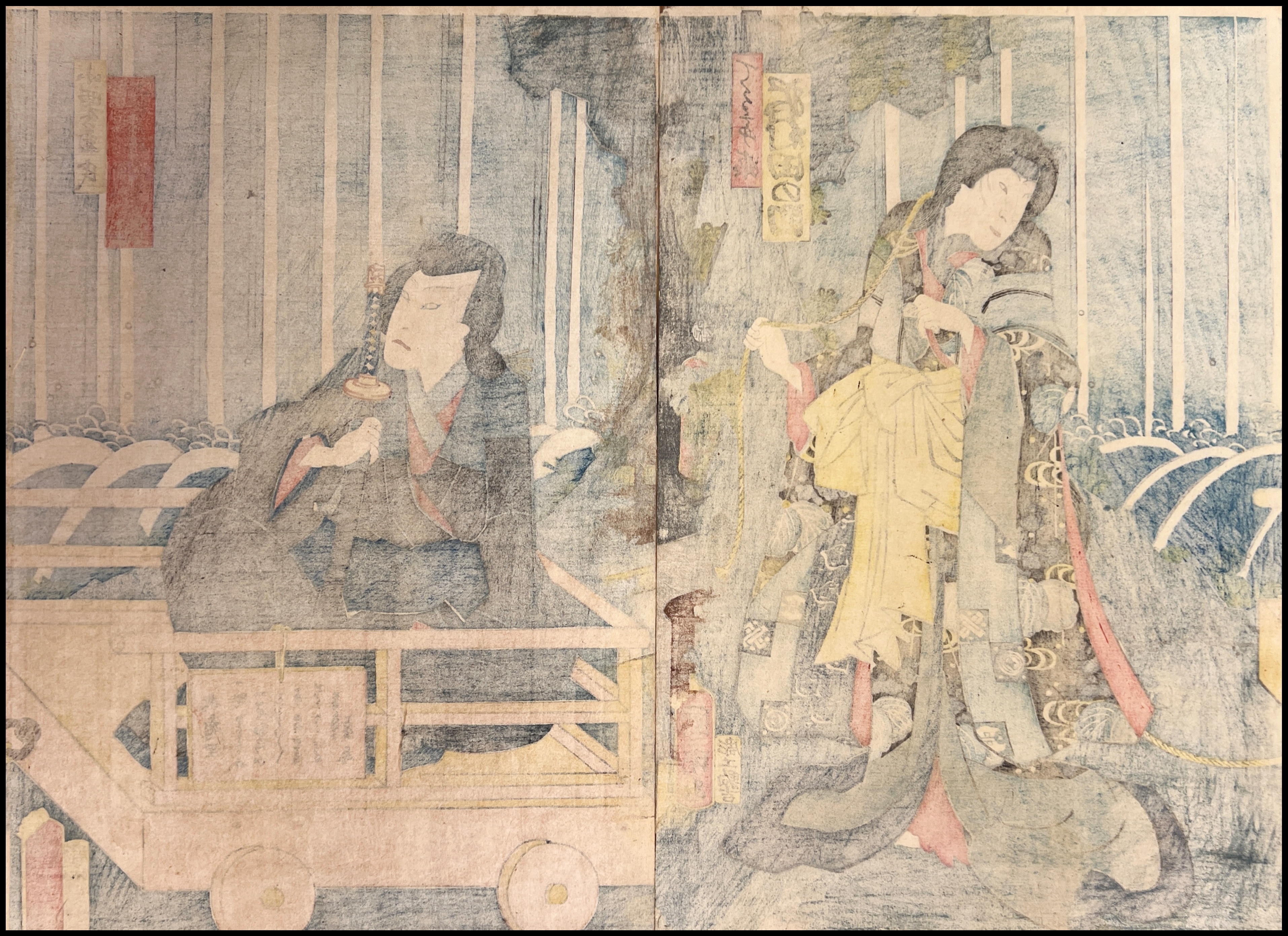 KUNIAKI II UTAGAWA - OGURI HANGAN Y LA PRINCESA TERUTE (ESCENA DEL TEATRO KABUKI) - 1860