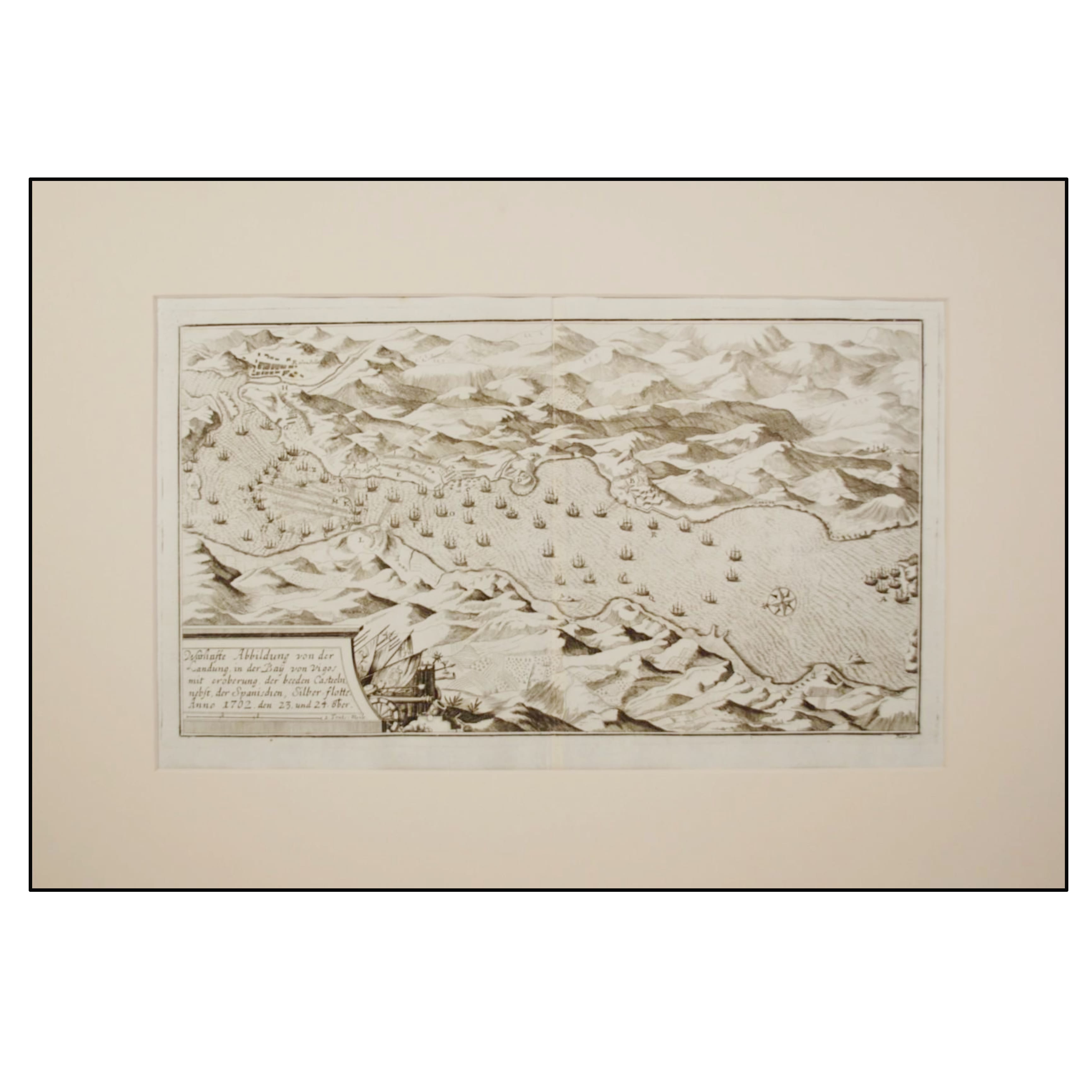 WARHAFFE ABBILDUNG VON DER LANDUNG IN DER BAY VON VIGOS MIT EROBERUNG DER BEEDEN CASTEELN NEBST DER SPANISCHEN SILBER FLOTTE ANNO 1702 DEN 23 UND 24 8TBER.