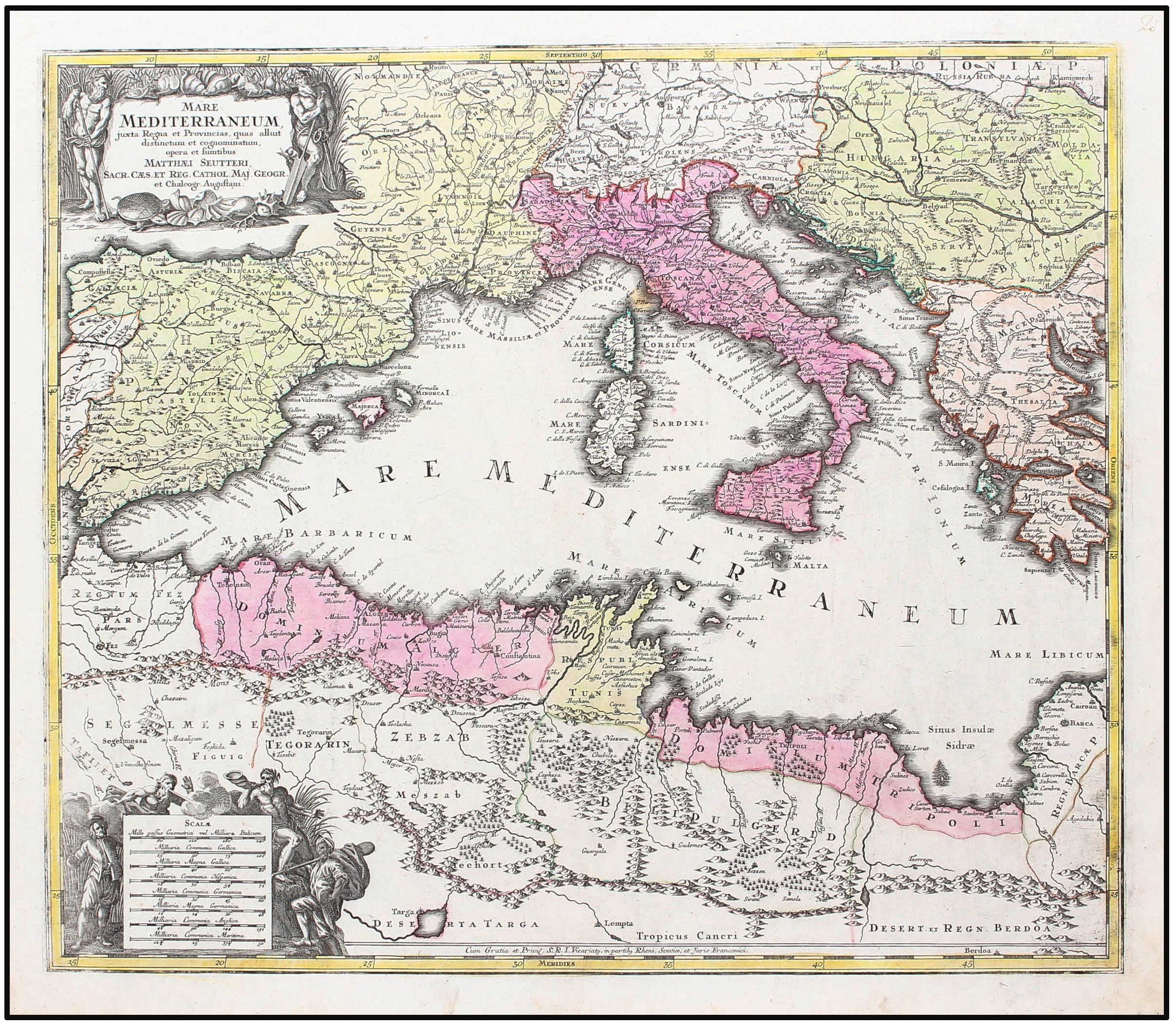 MATTHÄUS SEUTTER - MAPA ANTIGUO DEL MEDITERRÁNEO - 1740