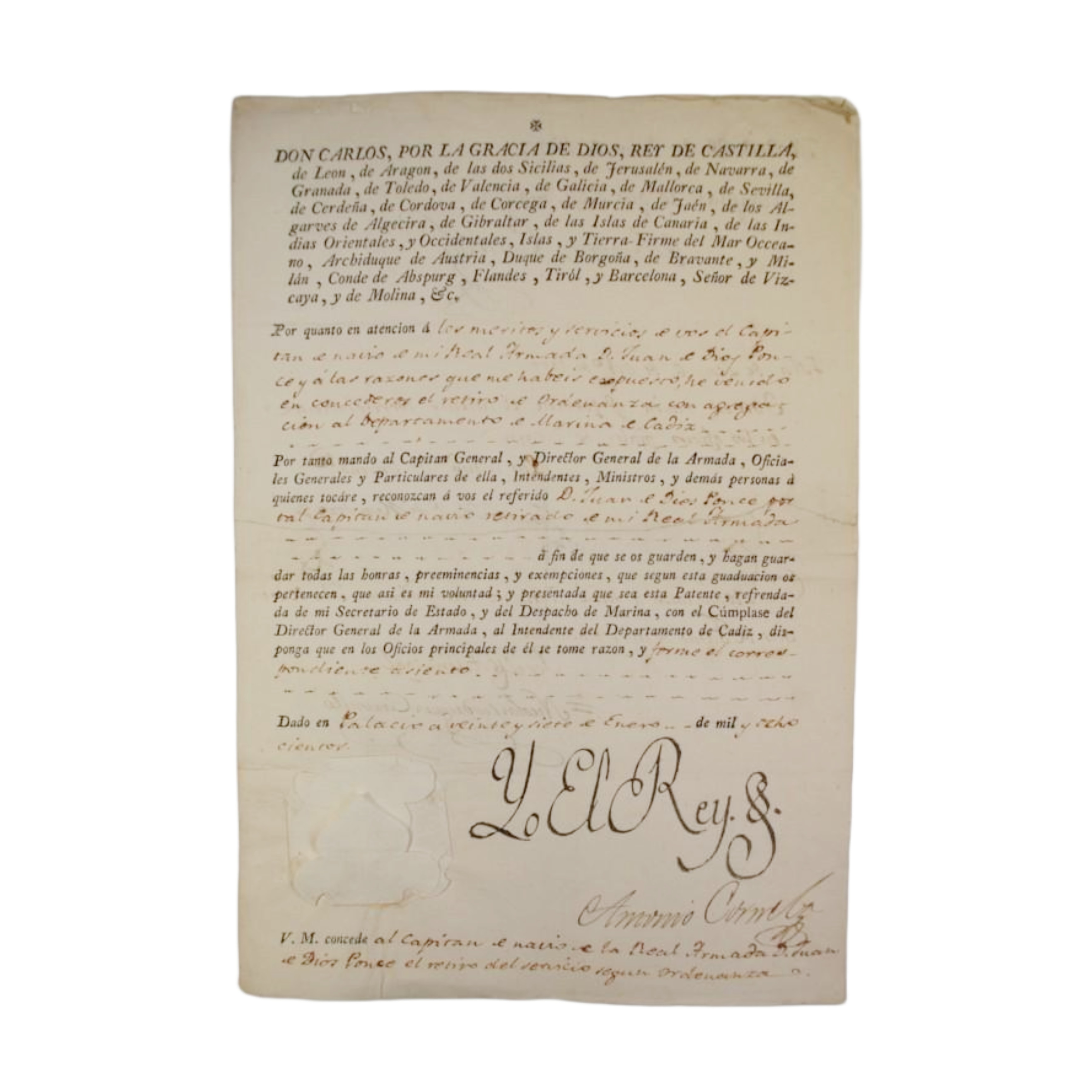 EL REY CONCEDE AL CAPITÁN DE NAVÍO DE LA REAL ARMADA D. JUAN DE DIOS PONCE EL RETIRO DEL SERVICIO SEGUN ORDENANZA- 1800