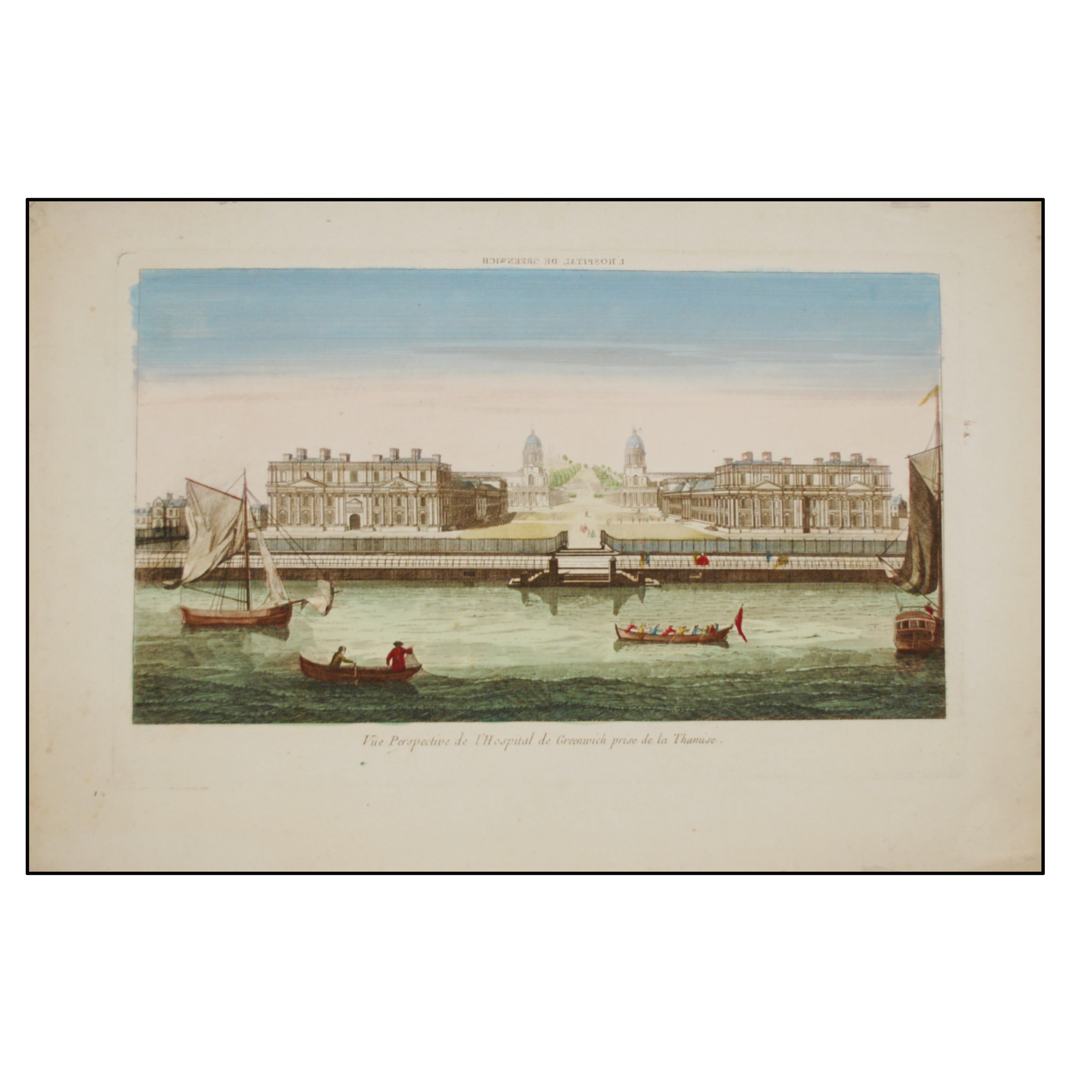 GREENWICH. VISTA ÓPTICA. 1760 / VUE PERSPECTIVE DE L´HOSPITAL DE GREENWICH PRISE DE LA THAMISE.