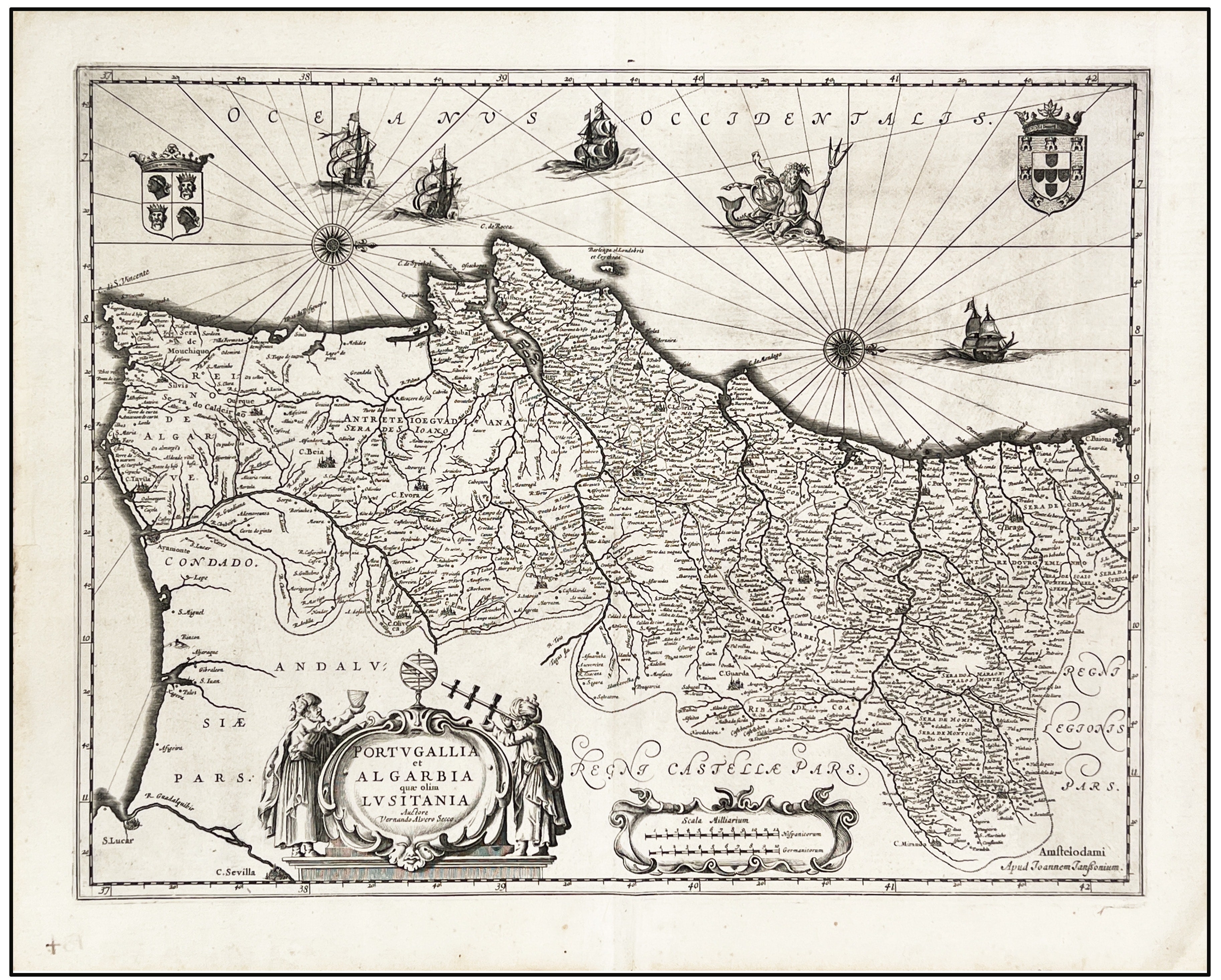 WILLIAM & JOAN BLAEU - PORTUGALLIA ET ALGARBIA QUEAE OLIM LUSITANIA - MAPA  DE PORTUGAL - C. 1635