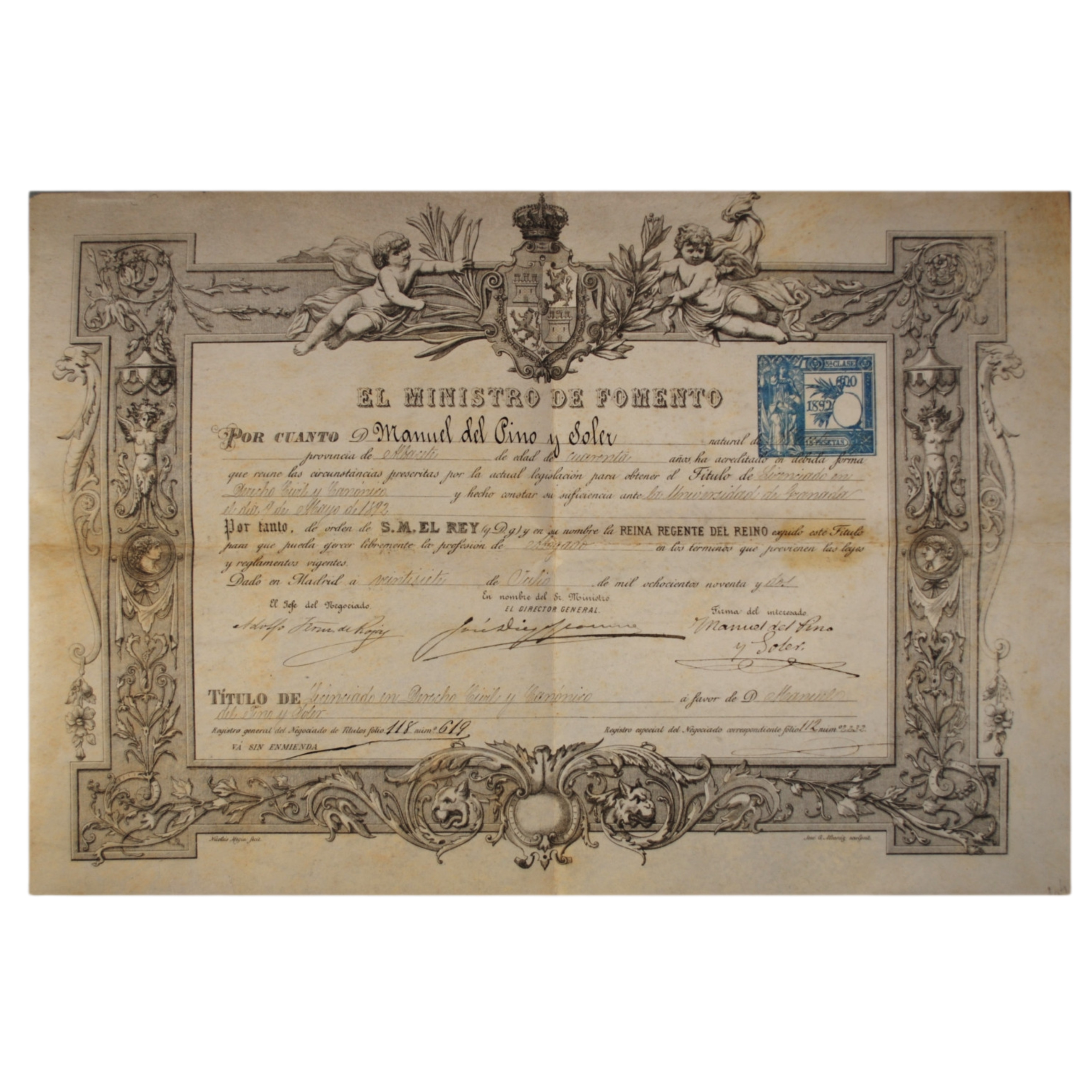 UNIVERSIDAD DE GRANADA -TITULO DE LICENCIADO EN DERECHO CIVIL Y CANÓNICO A FAVOR DE D. MANUEL DEL PINO SOLER (UNIVERSIDAD DE GRANADA 1892) - 1892