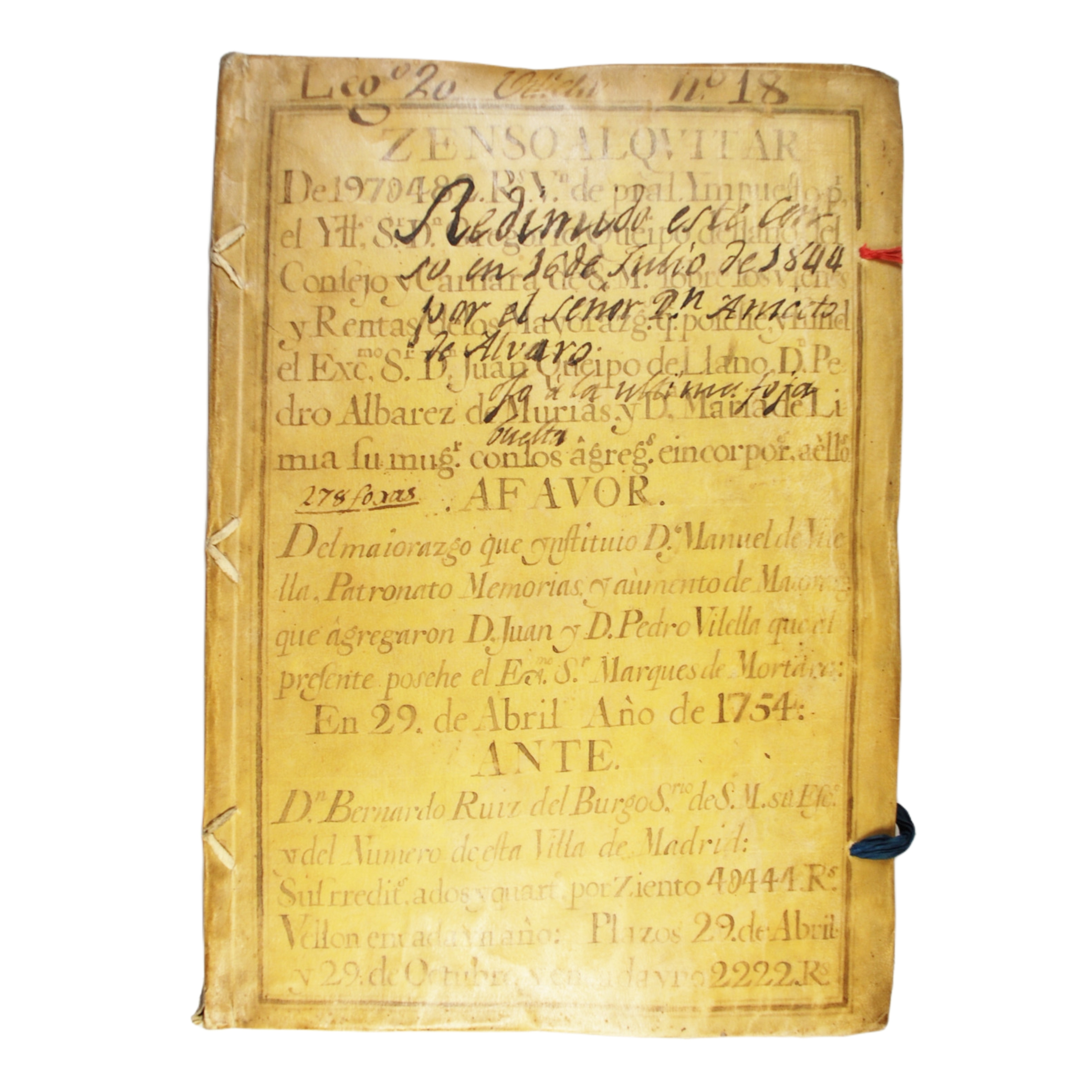 GREGORIO QUEIPO DE LLANO - CENSO AL QUITAR DE 1970482 REALES DE VELLÓN DE PRINCIPAL IMPUESTO POR EL SEÑOR GREGORIO QUEIPO DE LLANO DEL CONSEJO Y CAMARA DE S.M. - 1754