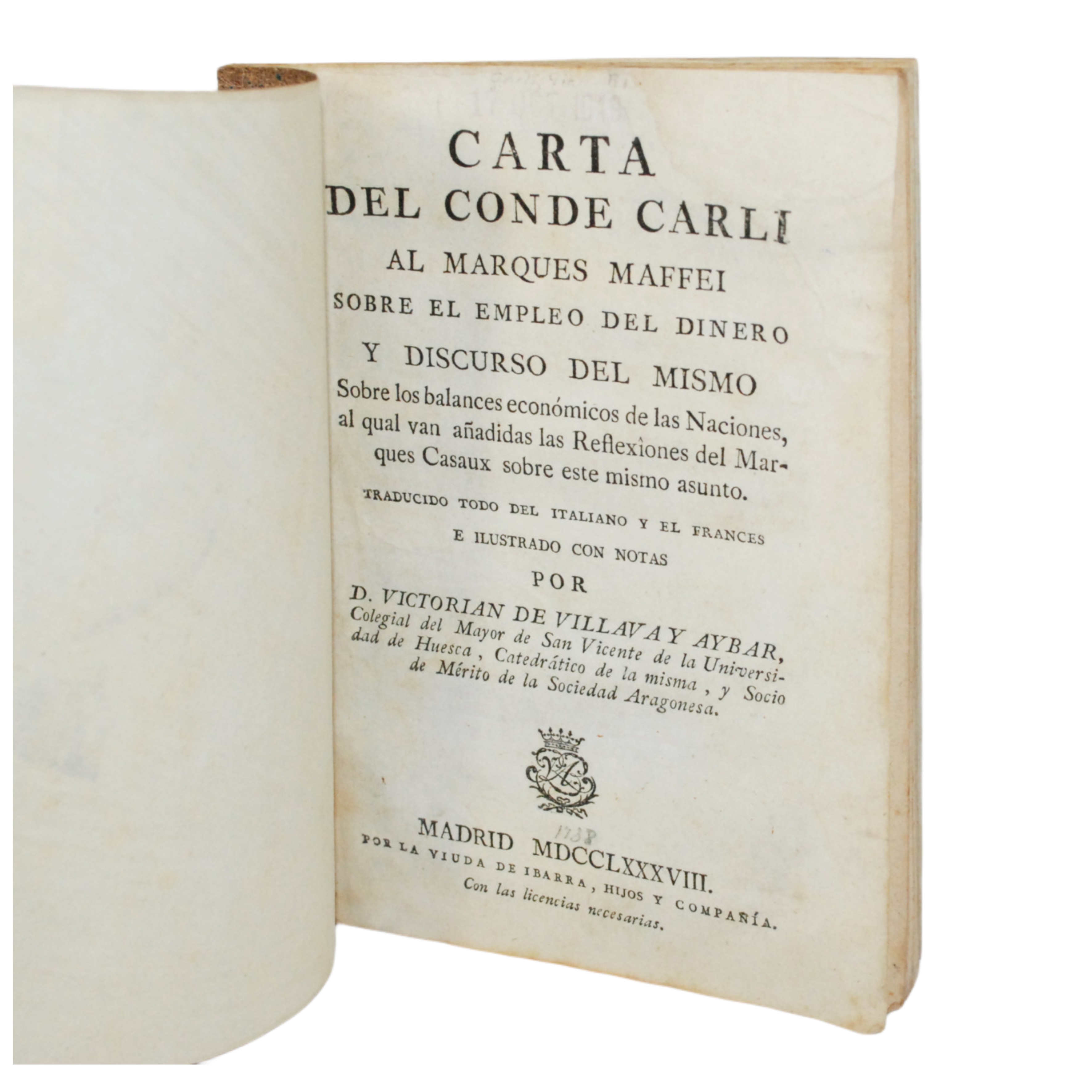 V. DE VILLAVA Y AYBAR - CARTA DEL CONDE CARLI (ÚNICA EDICIÓN) - 1788