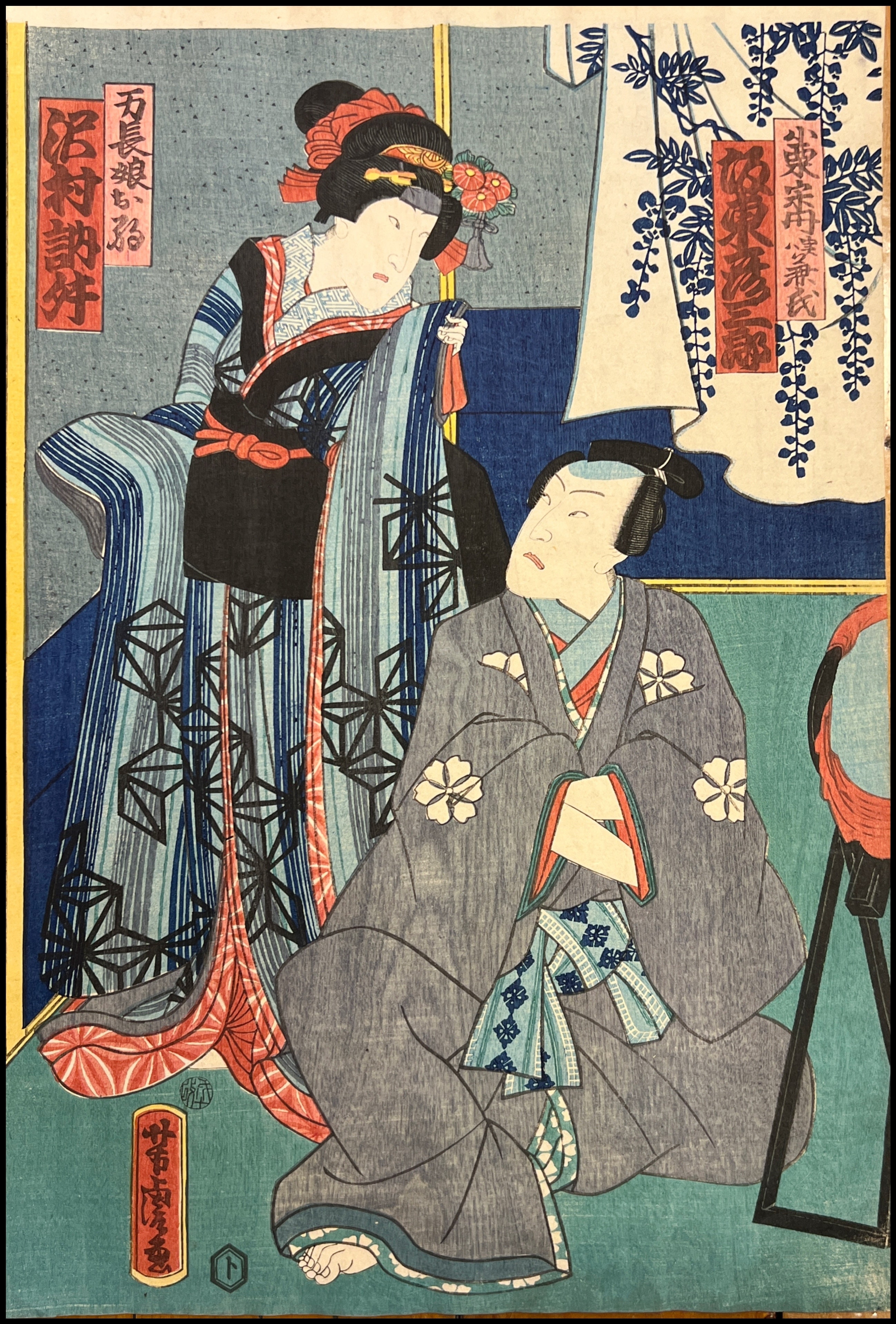 UTAGAWA YOSHITORA - ESCENA KABUKI: ACTORES BANDO HIKOSABURO E IWAI KUMESABURO