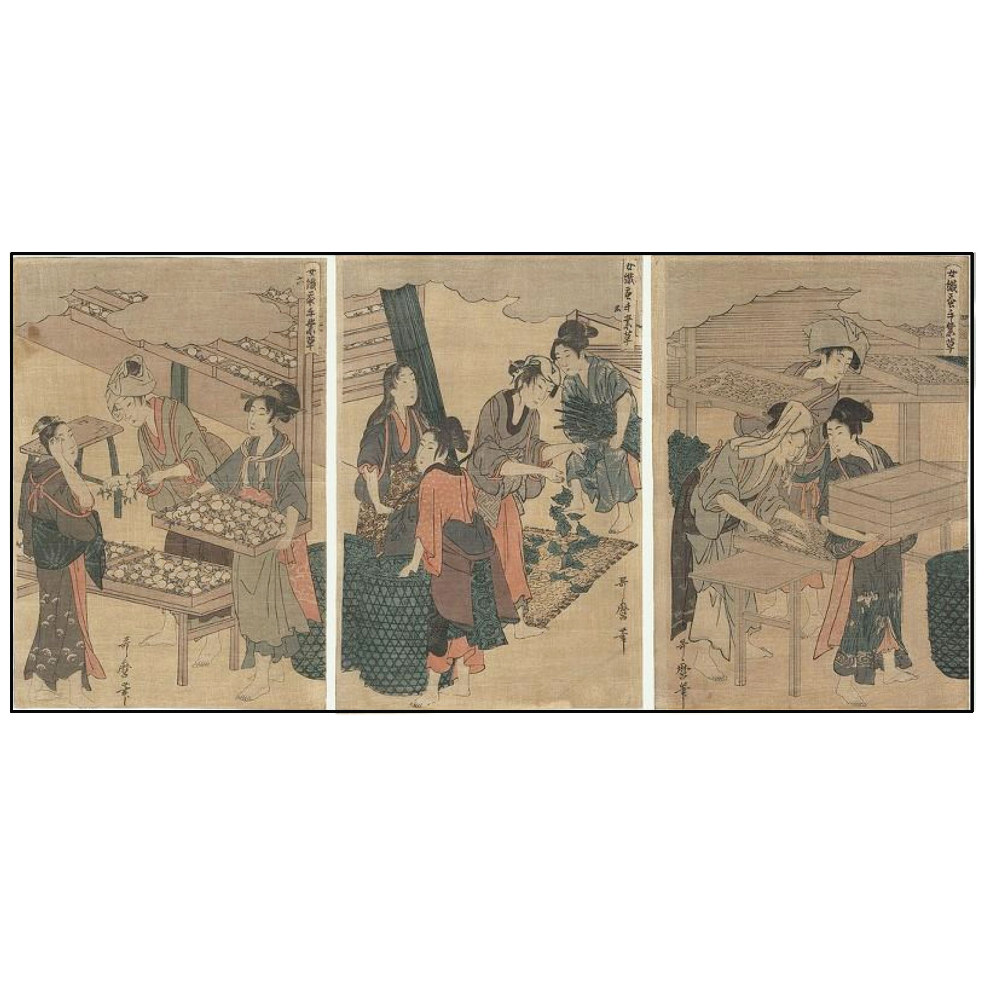 KITAGAWA UTAMARO - MUJERES TRABAJADORAS DE LA CRÍA DEL GUSANO DE SEDA (UTAMARO 1750 - 1806) - 1890
