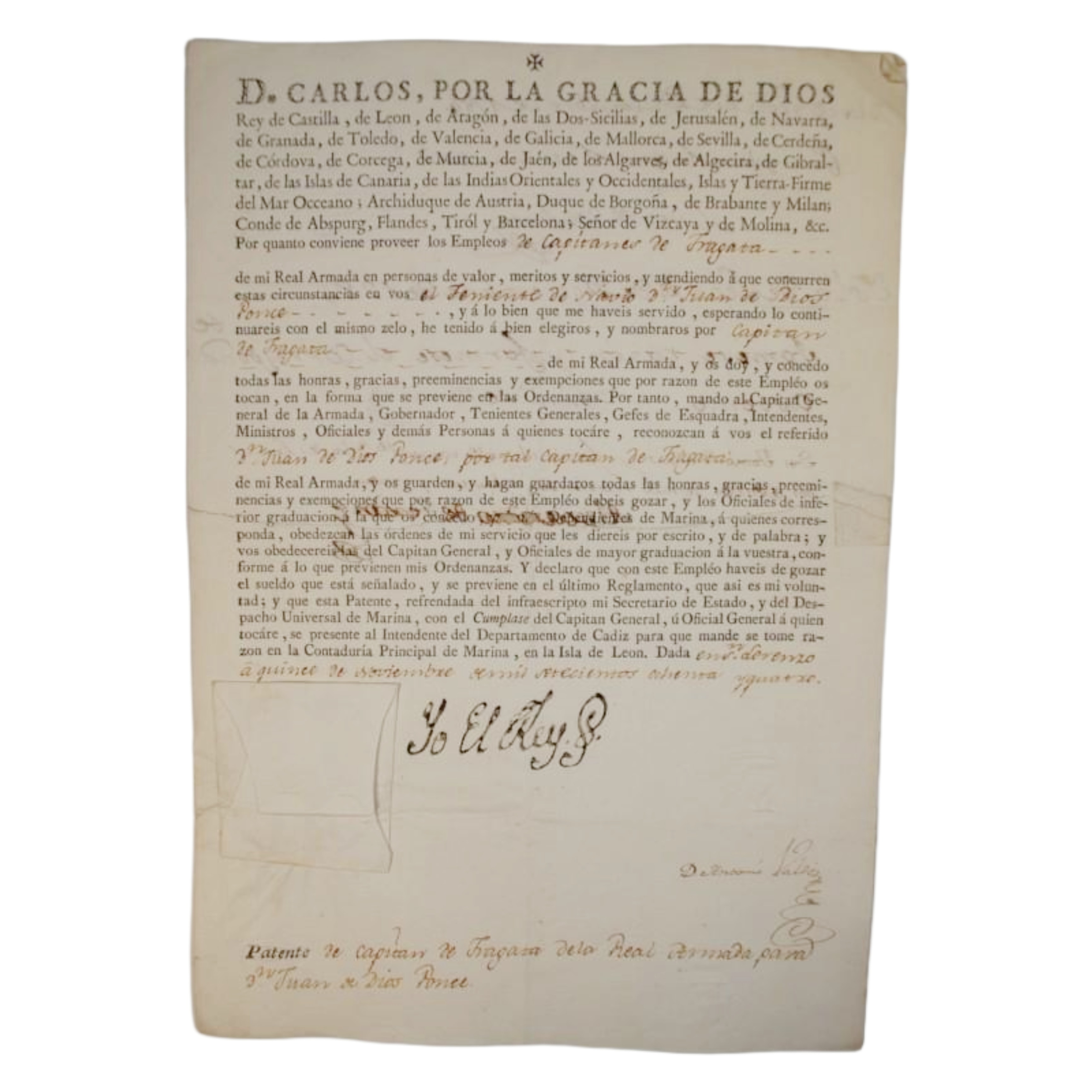 PATENTE DE CAPITÁN DE FRAGATA DE LA REAL ARMADA PARA DON JUAN DE DIOS PONCE DE LEÓN - 1784