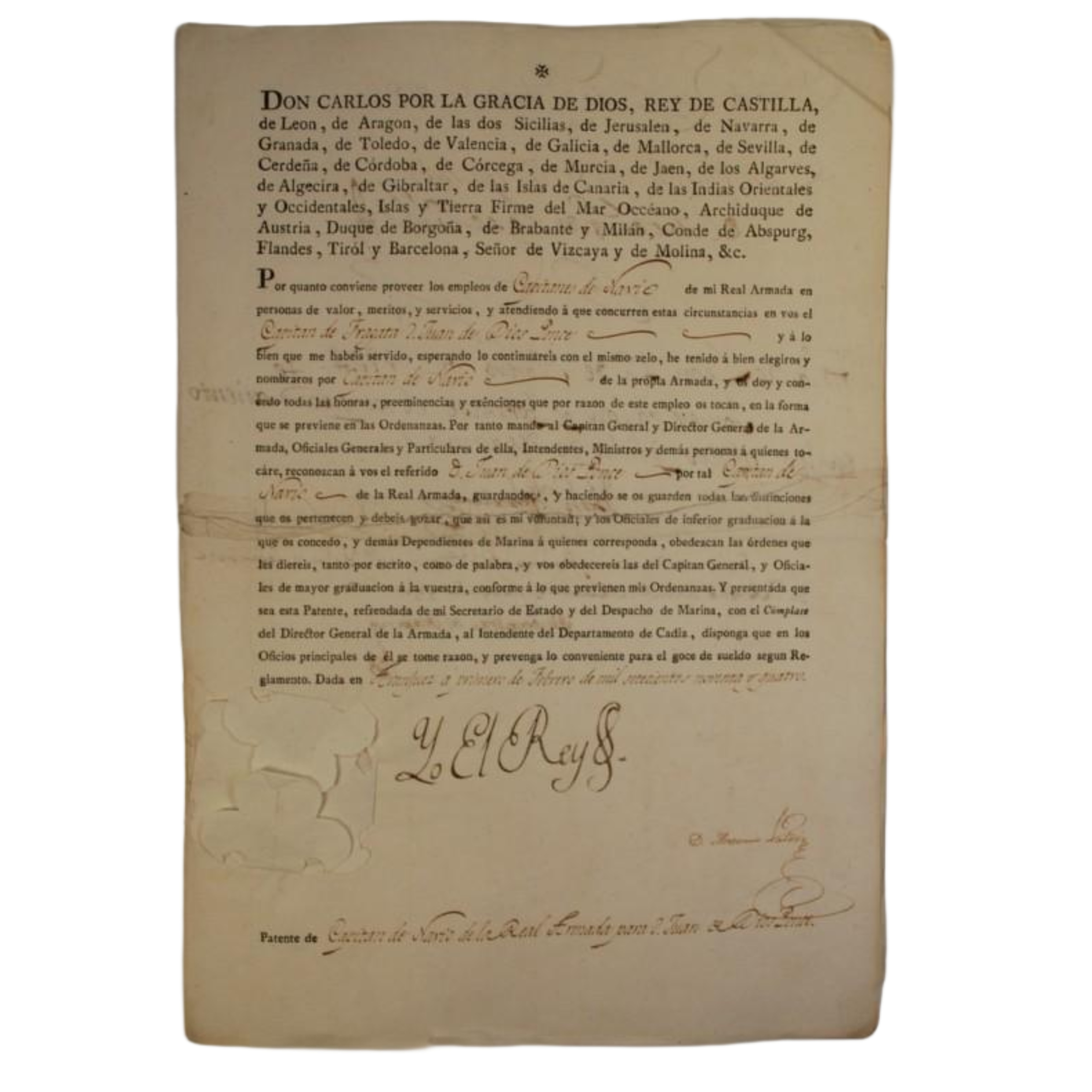 CARLOS IV - PATENTE DE CAPITÁN DE NAVÍO DE LA REAL ARMADA PARA D. JUAN DE DIOS PONCE DE LEÓN - 1794