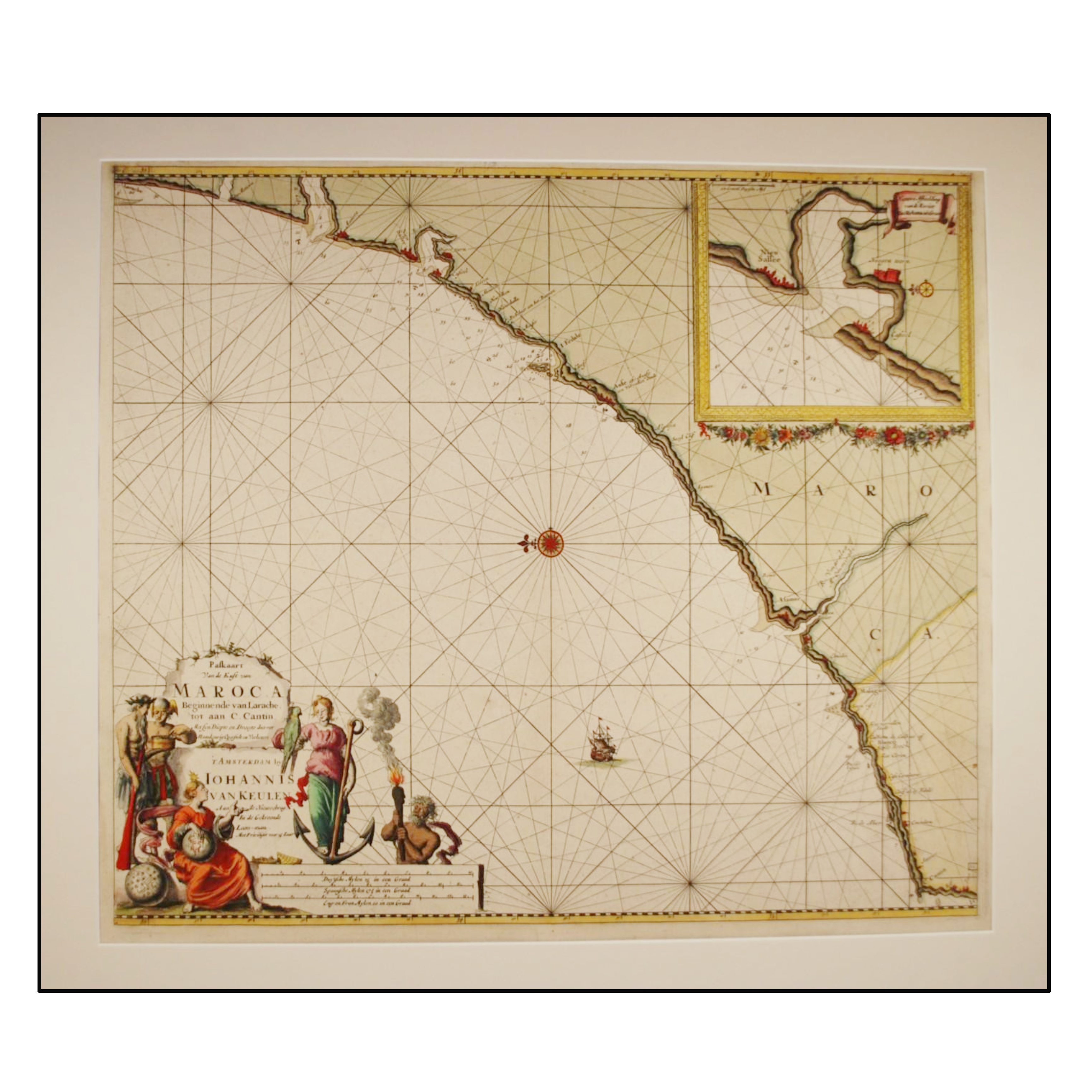 JOHANNES VAN KEULEN - PASKAART VAN DE KUST VAN MAROCA BEGINNENDE VAN LARACHE TOT AAN C. CANTIN MET SYN DIEPTE EN DROOGTE DUS VER NAAUKERIG OPGESTELT EN VERBETERT - C.1690