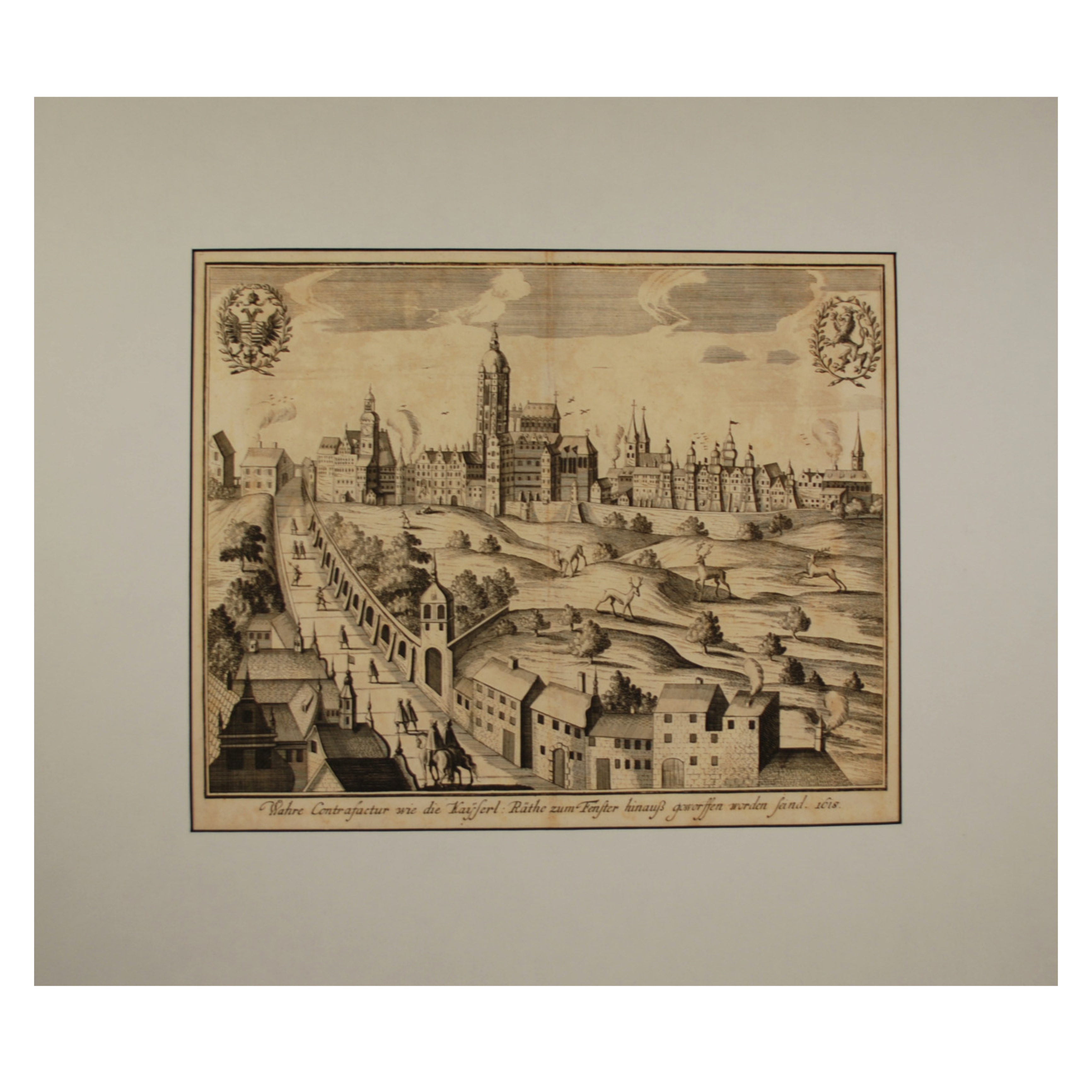 WAHRE CONTRAFACTUR WIE DIE KAYSERL. RÄTHE ZUM FENSTER HINAUS GEWORFFEN WORDEN SEIND. 1618 (AUTÉNTICA REPRESENTACIÓN DE COMO LOS REPRESENTANTES IMPERIALES DEL EMPERADOR SON ARROJADOS POR LAS VENTANAS. 1618)