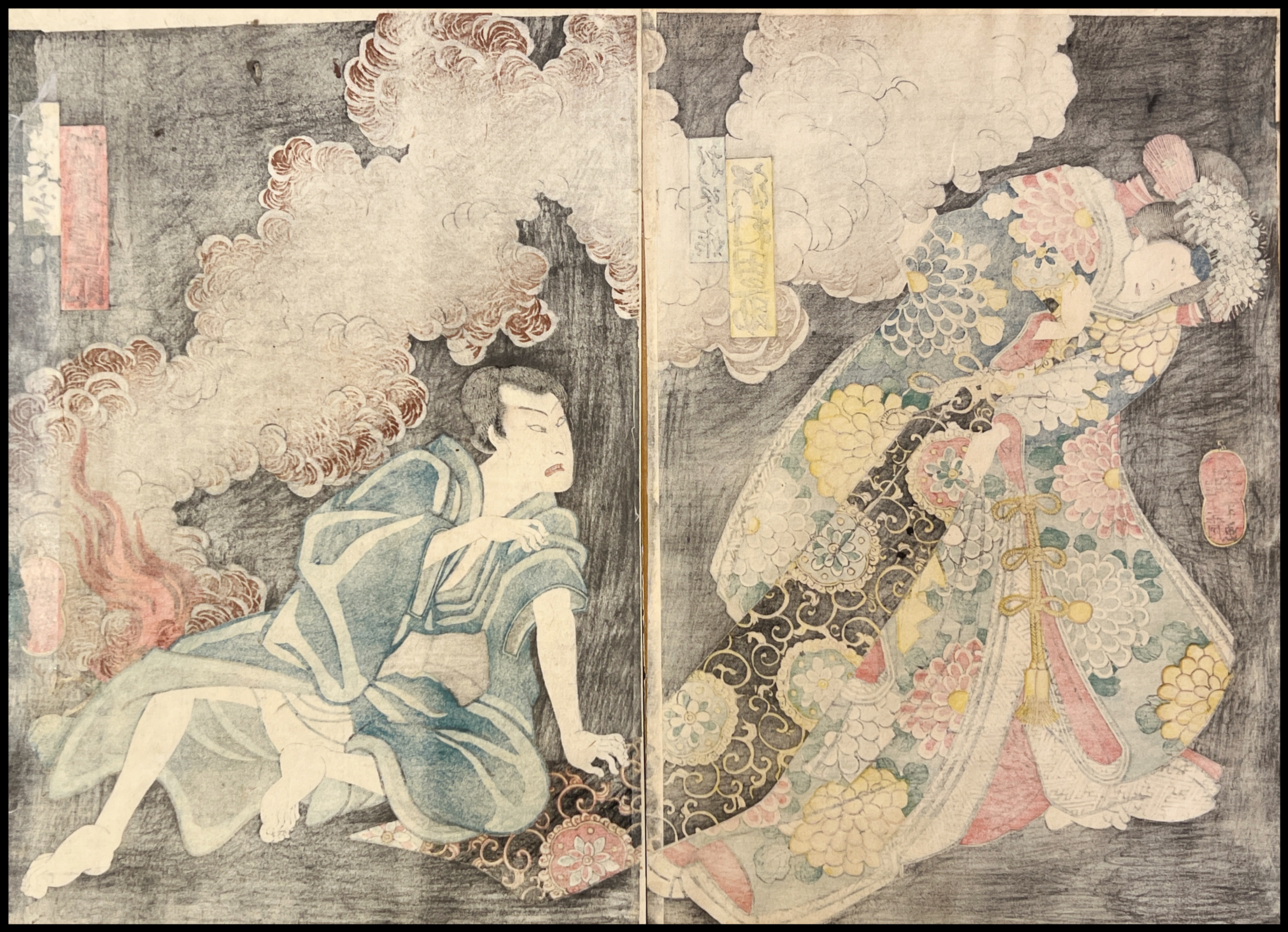 TSUKIOKA YOSHITOSHI  - ESCENA DE TEATRO KABUKI: LA PRINCESA SUGI Y EL SACERDOTE JOGEN. - 1863