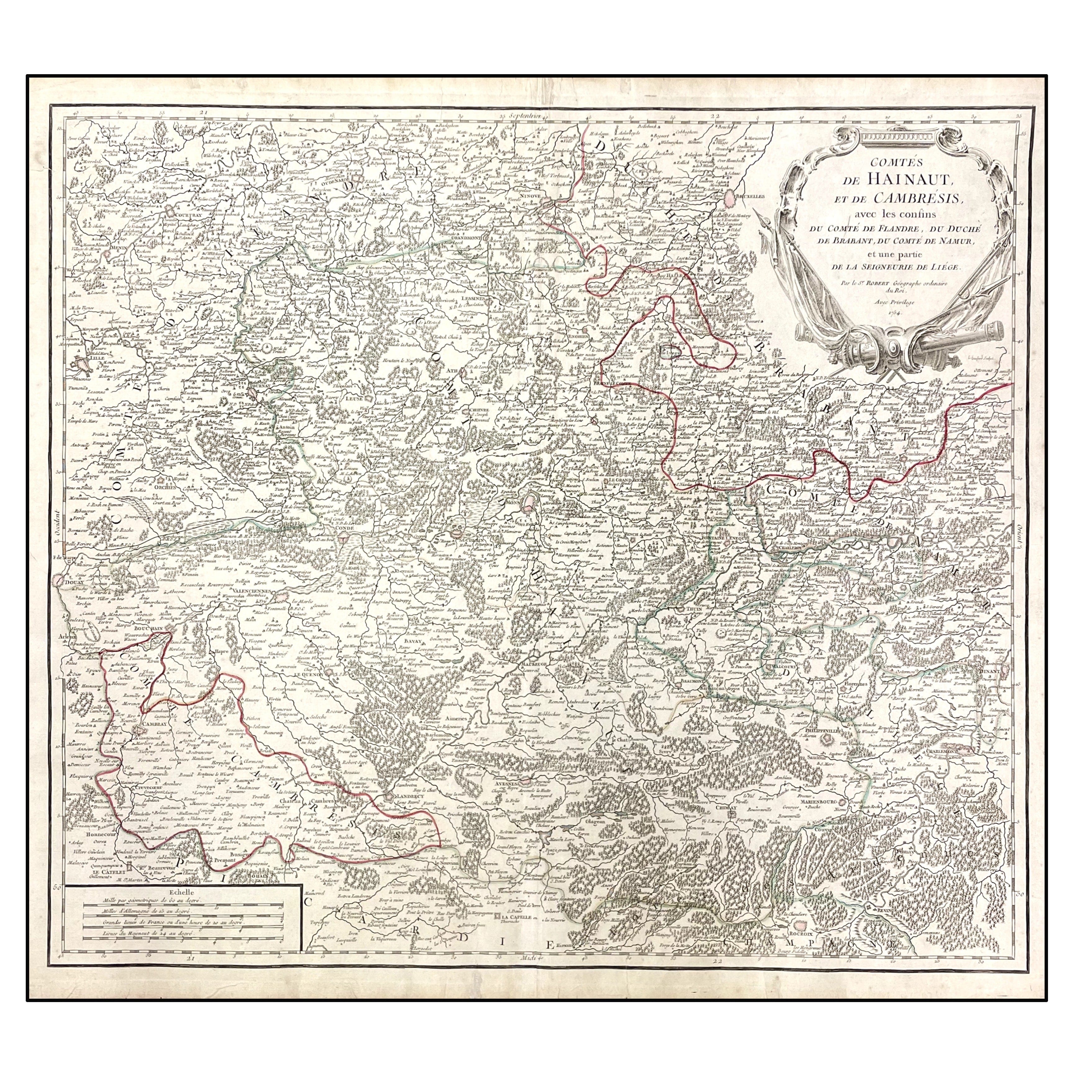 COMTES DE HAINAUT, ET DE CAMBRESIS, AVEC LES CONFINS DU COMTE DE FLANDRE, DU DUCHE DU BRABANT, DU COMTE DE NAMUR, ET UNE PARTIE DE LA SEIGNEURIE DE LIEGE. PAR LE SR. ROBERT GEOGRAPHE ORDINAIRE DU ROI. AVEC PRIVILEGE 1754.