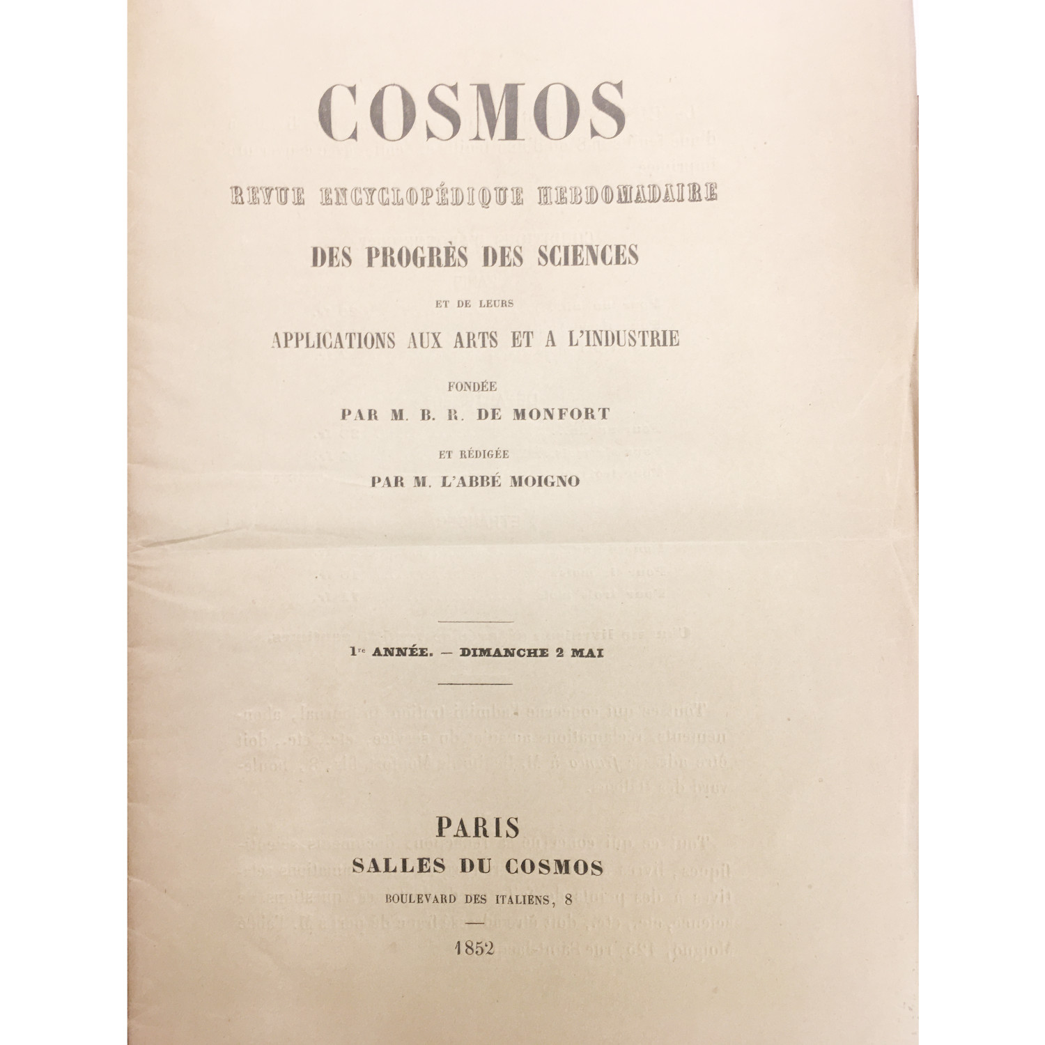 B. R. DE MONFORT - COSMOS REVUE ENCYCLOPÉDIQUE (Nº 1) - 1852