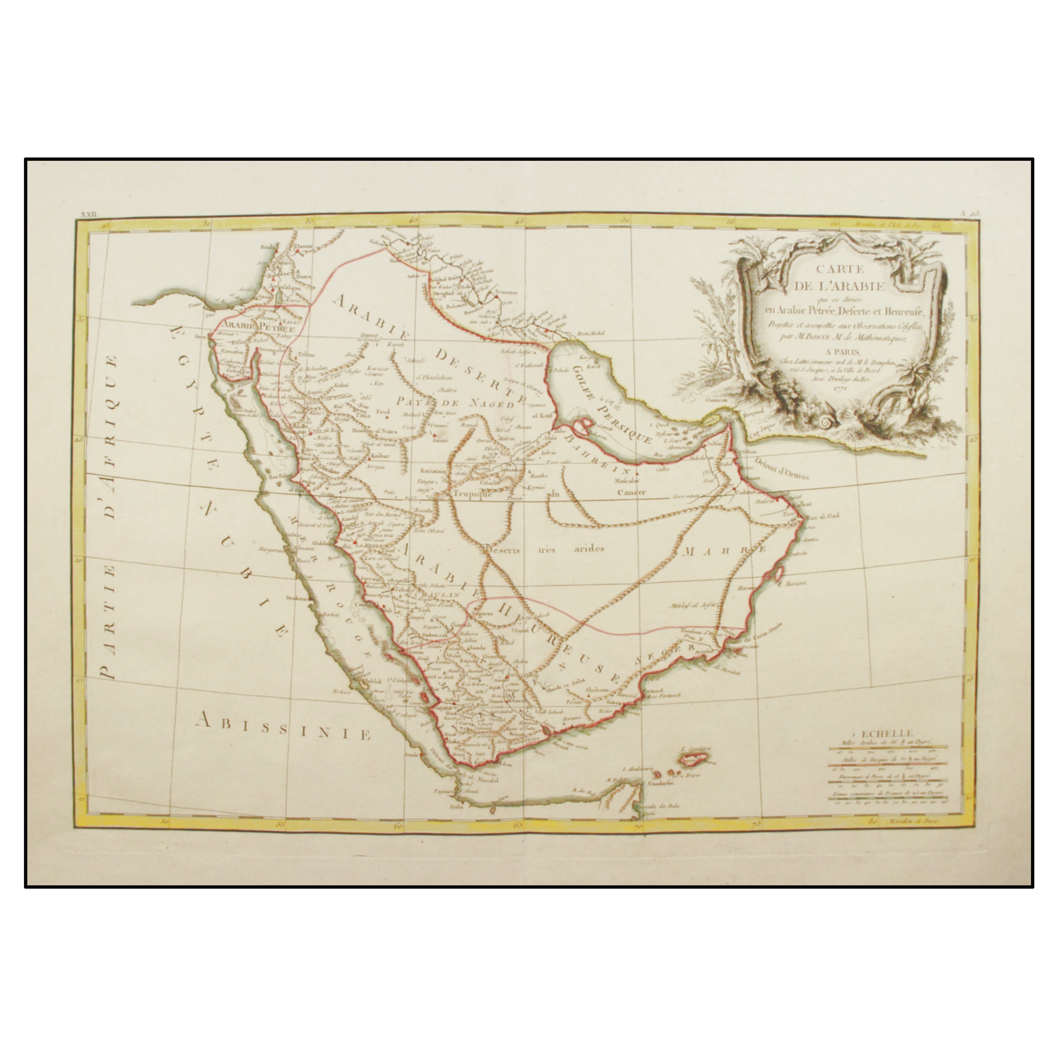 RIGOBERT BONNE - CARTE DE L'ARABIE QUI SE DIVISE EN ARABIE PETREE, DESERTE ET HEUREUSE  (PENÍNSULA ARÁBIGA ) - 1771