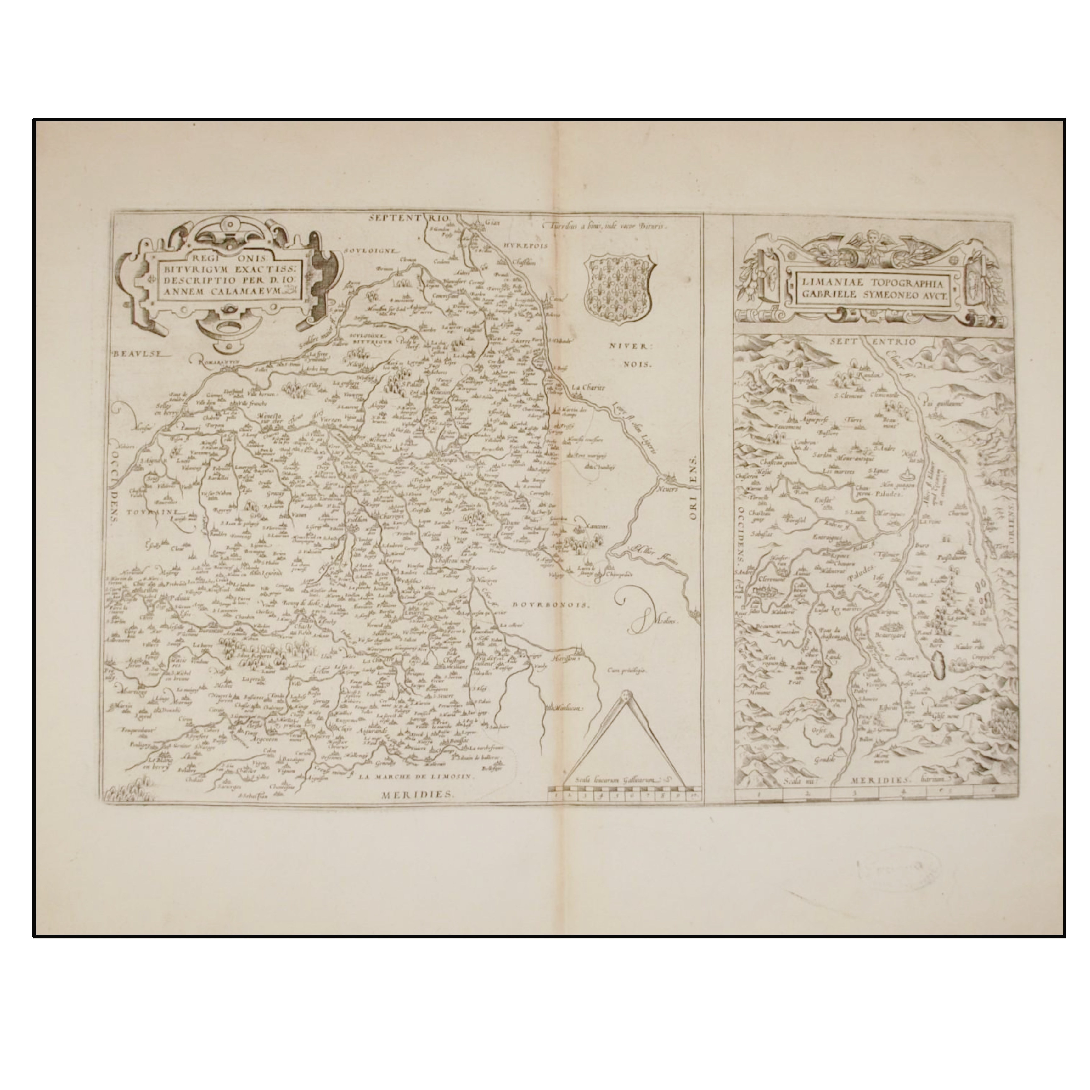 ORTELIUS - REGIONIS BITURIGUM EXACTISS DESCRIPTIO / LIMANIAE TOPOGRAPHIA GABRIELE SYMEONEO AUCT. - 1579