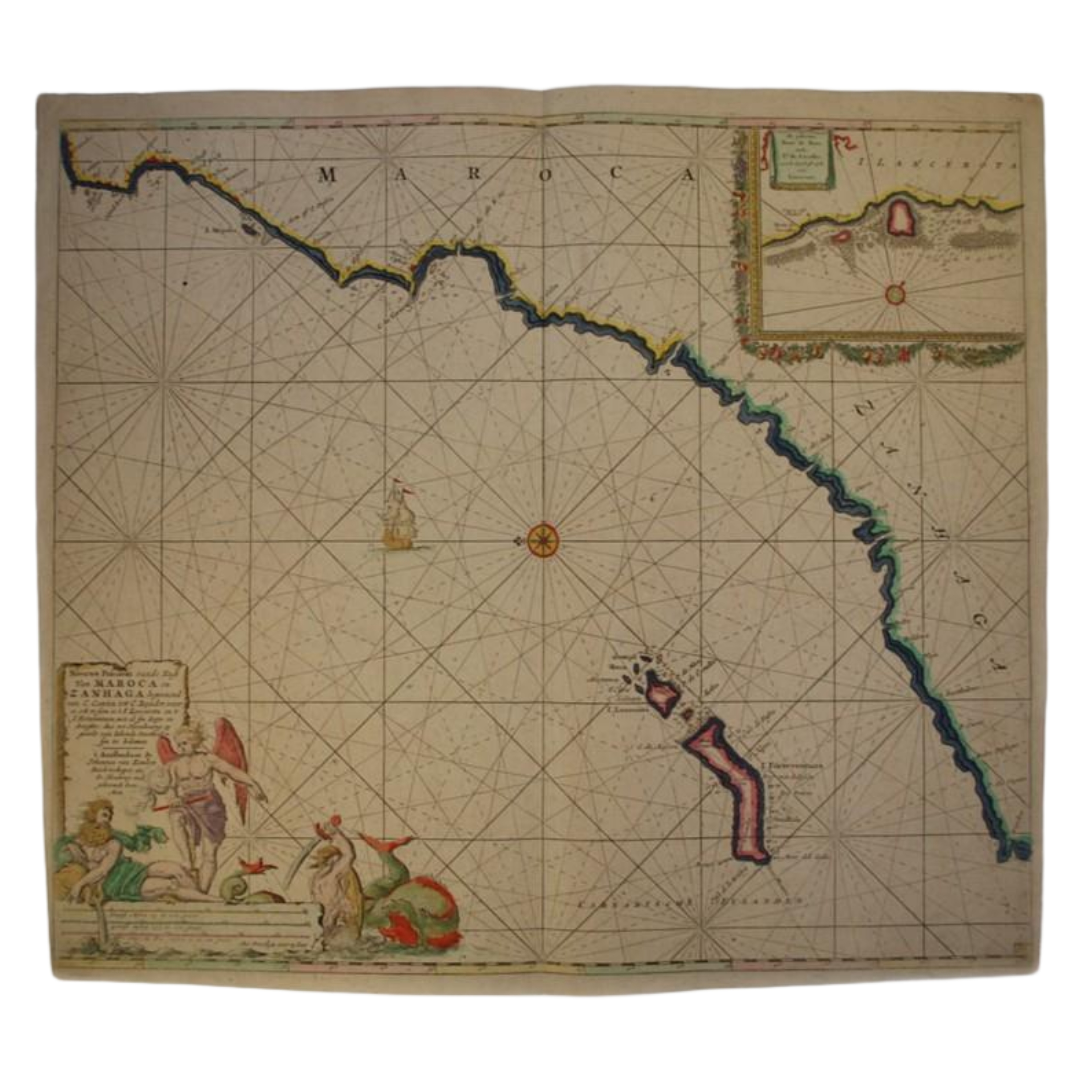 JOHANNES VAN KEULEN - NIEUWE PASCAERT VANDE KUST VAN MAROCA EN ZANHAGA BEGINNEND VAN C. CANTIN TOT C. BAJADOR, WAER IN OOK TE SIEN IS 'T I. LANCEROTA EN 'T I. FORTEVENTURA, MET AL SYN DIEPTE EN DROOGHTE,  - 1682
