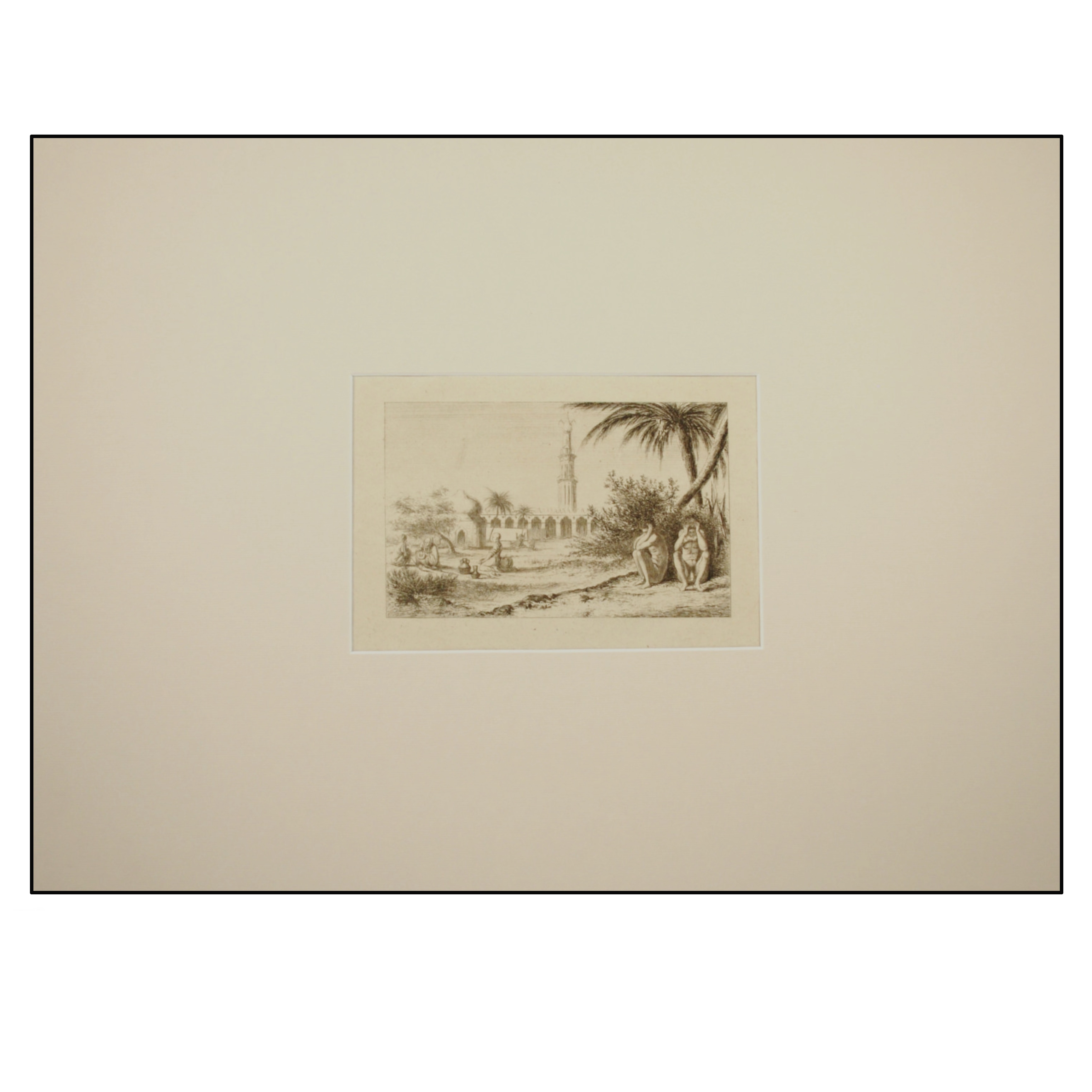 DOS FIGURAS MASCULINAS DESNUDAS QUE SE SIENTAN BAJO UNA PALMERA Y LOS EGIPCIOS EN LA ORACIÓN, MEZQUITA EN EL FONDO.