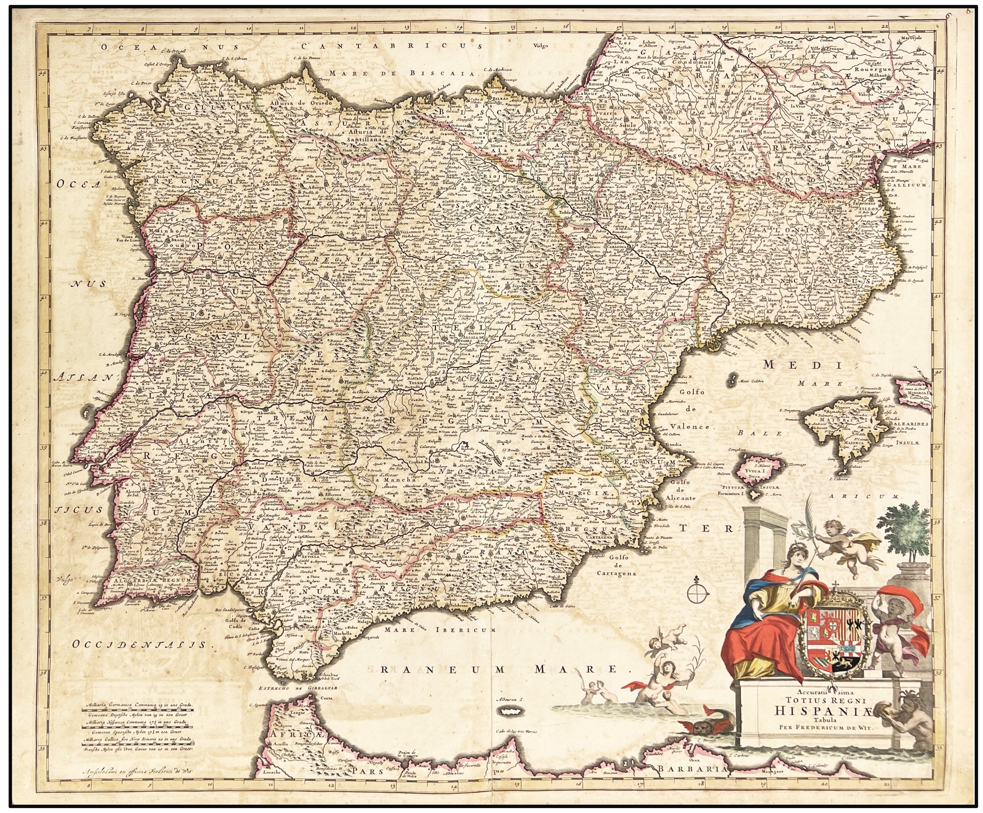 FREDERIK DE WIT - ACCURATIS SIMA TOTIUS REGNI HISPANIAE TABULA PER FREDERICUM DE WIT - MAPA DE ESPAÑA Y PORTUGAL - 1660