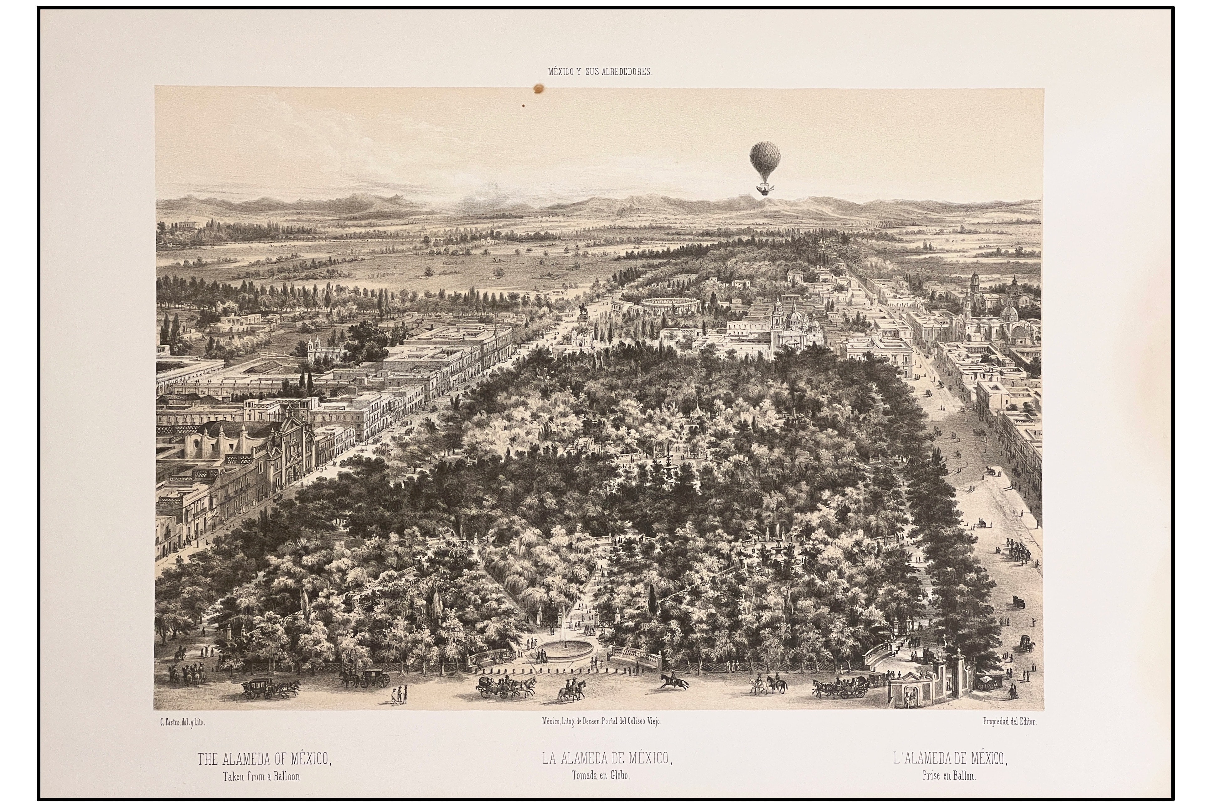 CASIMIRO CASTRO - LA ALAMEDA DE MÉXICO TOMADA EN GLOBO - 1863