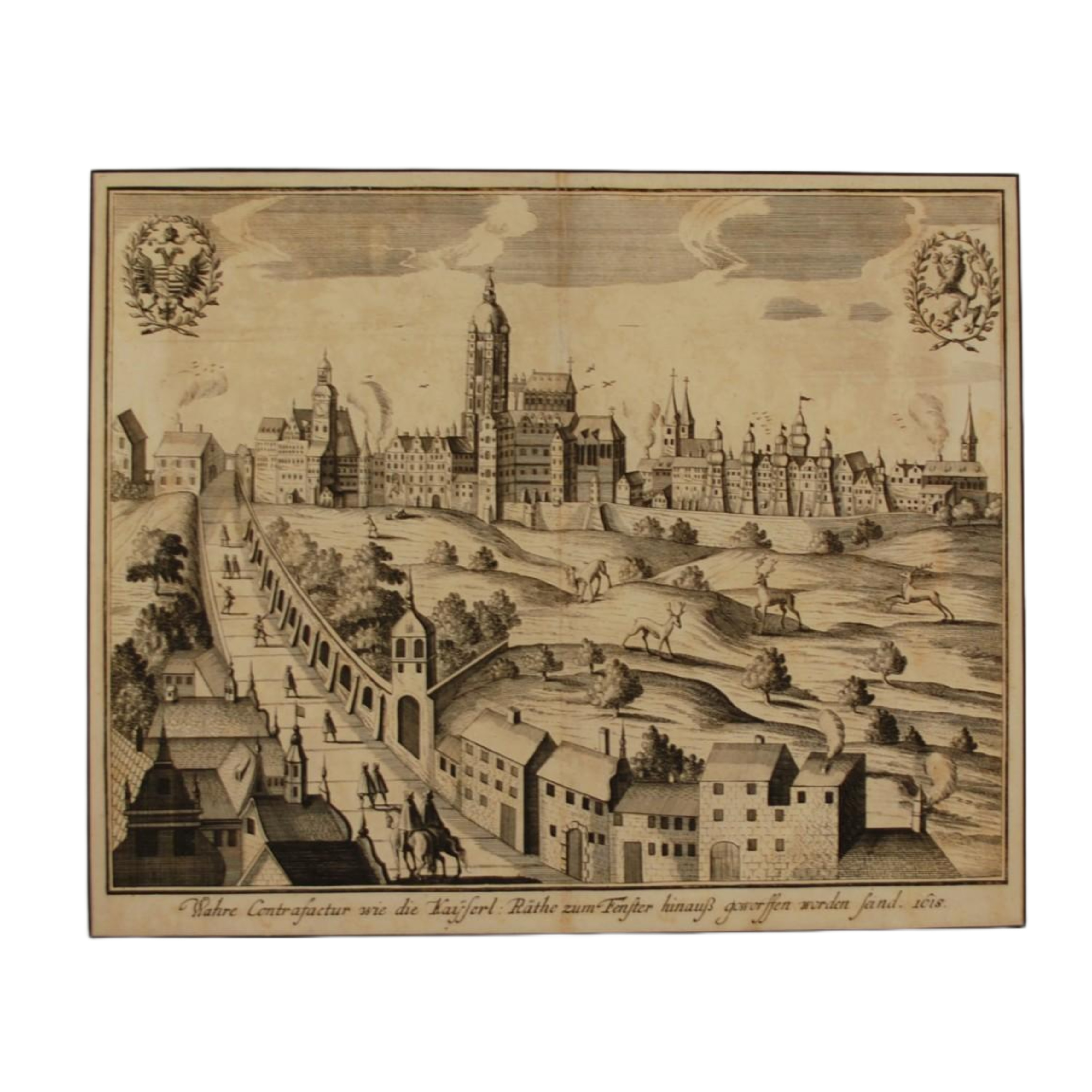 WAHRE CONTRAFACTUR WIE DIE KAYSERL. RÄTHE ZUM FENSTER HINAUS GEWORFFEN WORDEN SEIND. 1618 (AUTÉNTICA REPRESENTACIÓN DE COMO LOS REPRESENTANTES IMPERIALES DEL EMPERADOR SON ARROJADOS POR LAS VENTANAS. 1618)