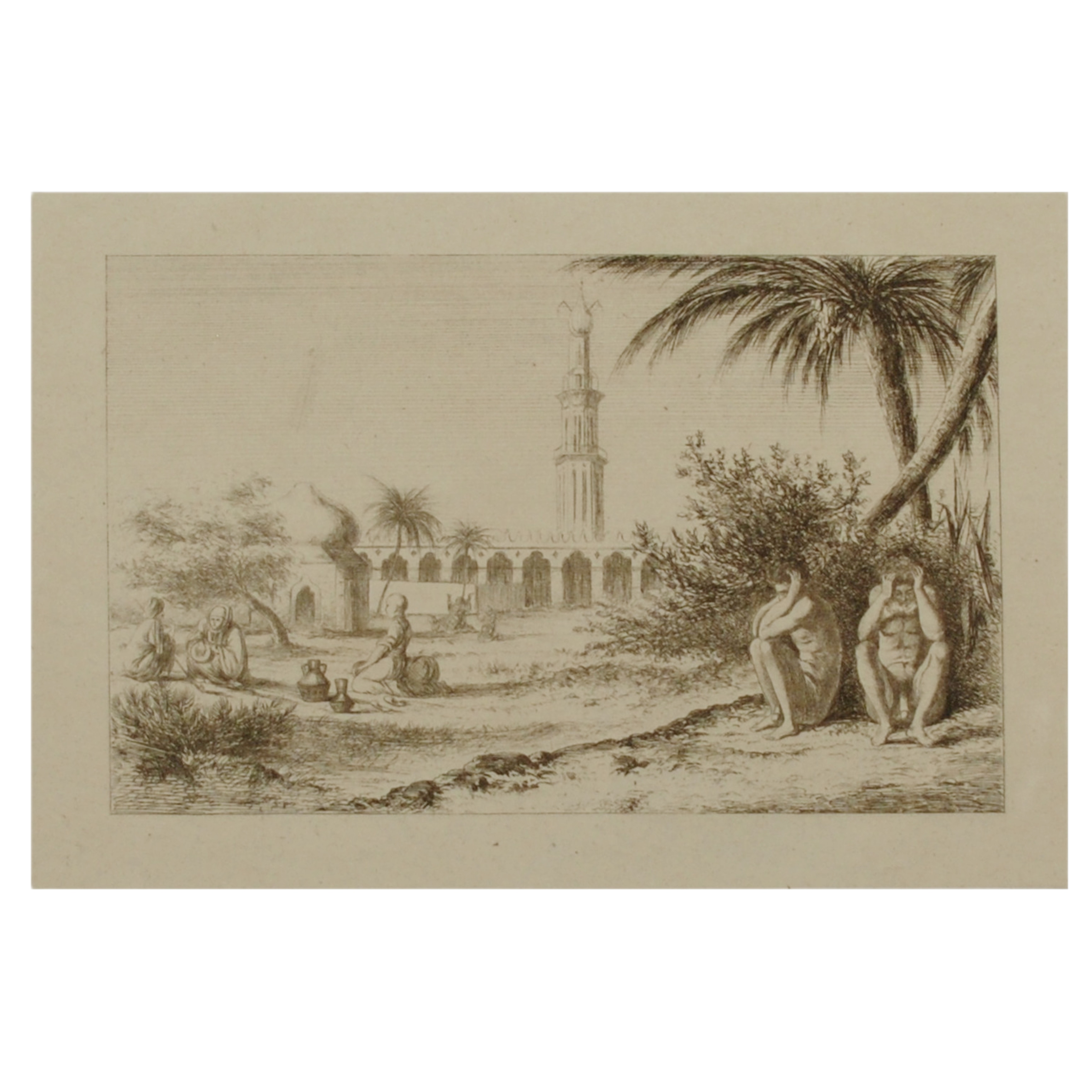 DOS FIGURAS MASCULINAS DESNUDAS QUE SE SIENTAN BAJO UNA PALMERA Y LOS EGIPCIOS EN LA ORACIÓN, MEZQUITA EN EL FONDO.