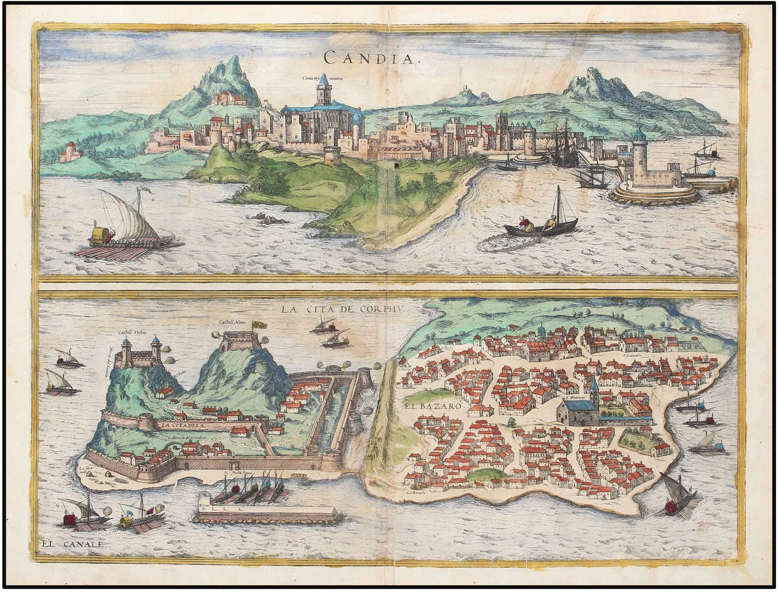 BRAUN & HOGENBERG - CANDIA ET LA CITA DE CORPHU.(VISTA DE LAS ISLAS DE CRETA Y CORFÚ )- 1580