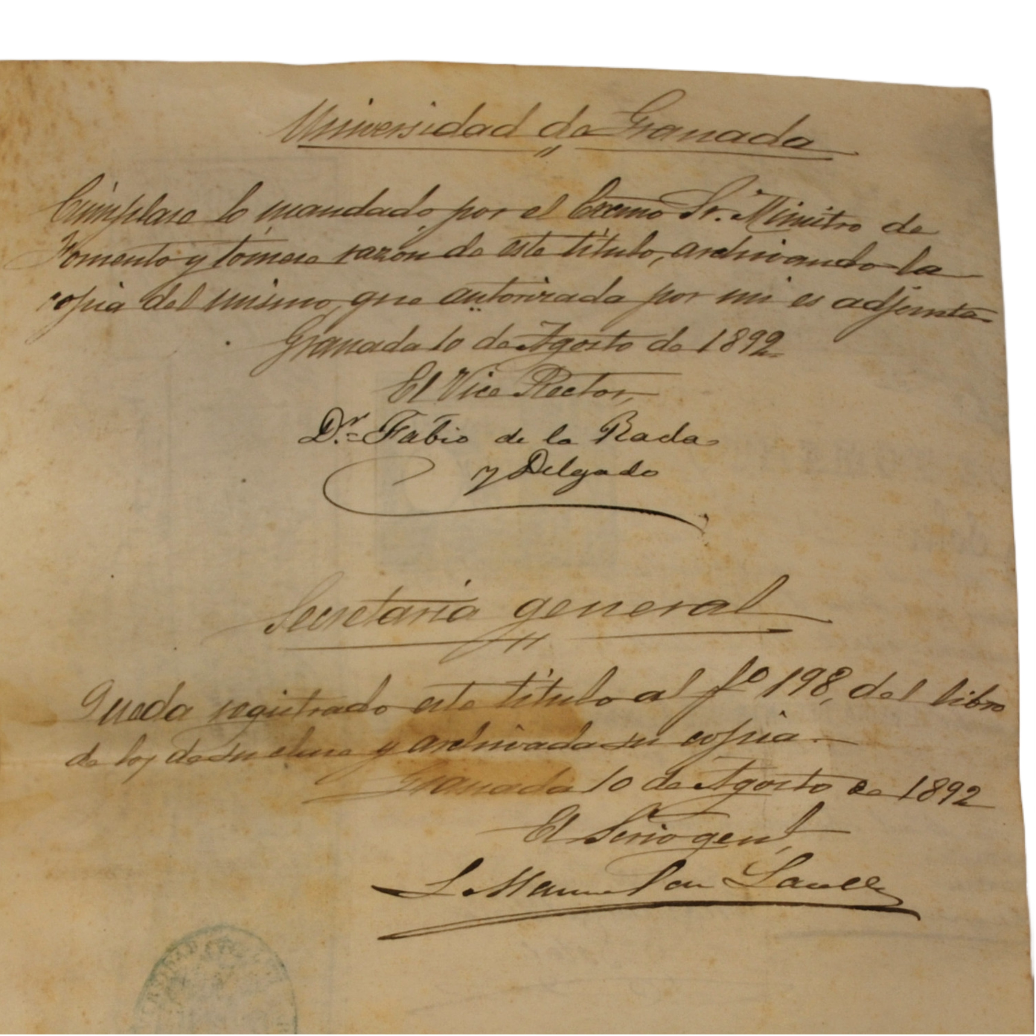 UNIVERSIDAD DE GRANADA -TITULO DE LICENCIADO EN DERECHO CIVIL Y CANÓNICO A FAVOR DE D. MANUEL DEL PINO SOLER (UNIVERSIDAD DE GRANADA 1892) - 1892