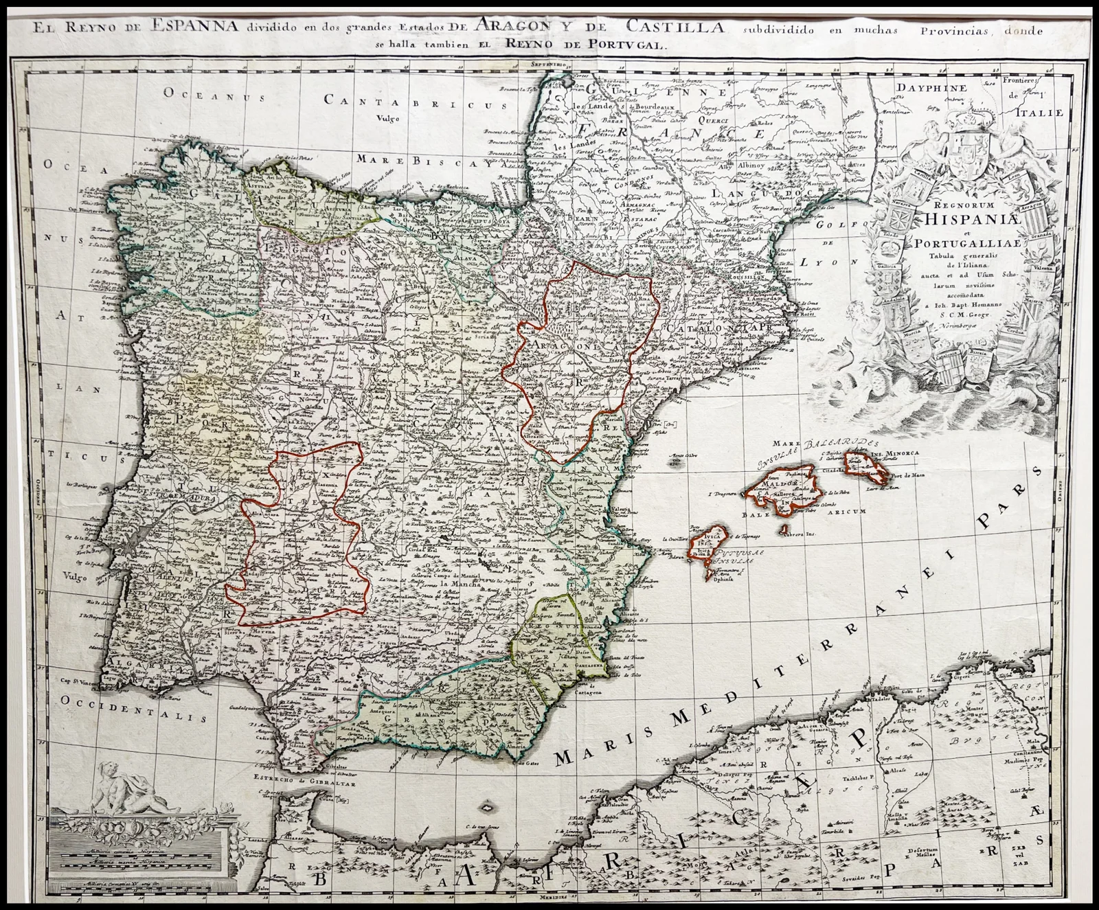 JOHANN BAPTIST HOMANN - MAPA DE ESPAÑA Y PORTUGAL - 1720