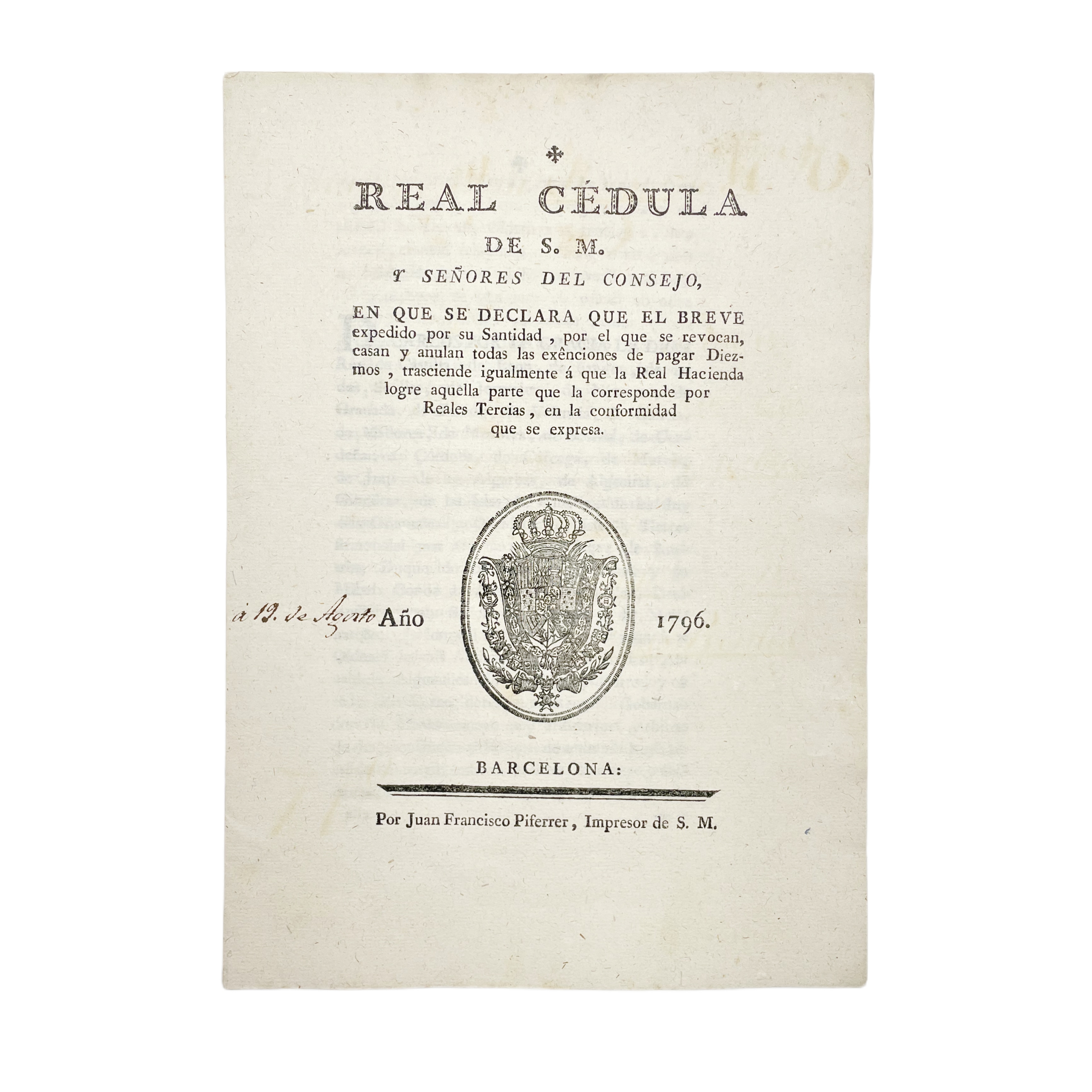 REAL CÉDULA DE CARLOS IV - RECAUDACIÓN IMPUESTOS REAL HACIENDA - 1796