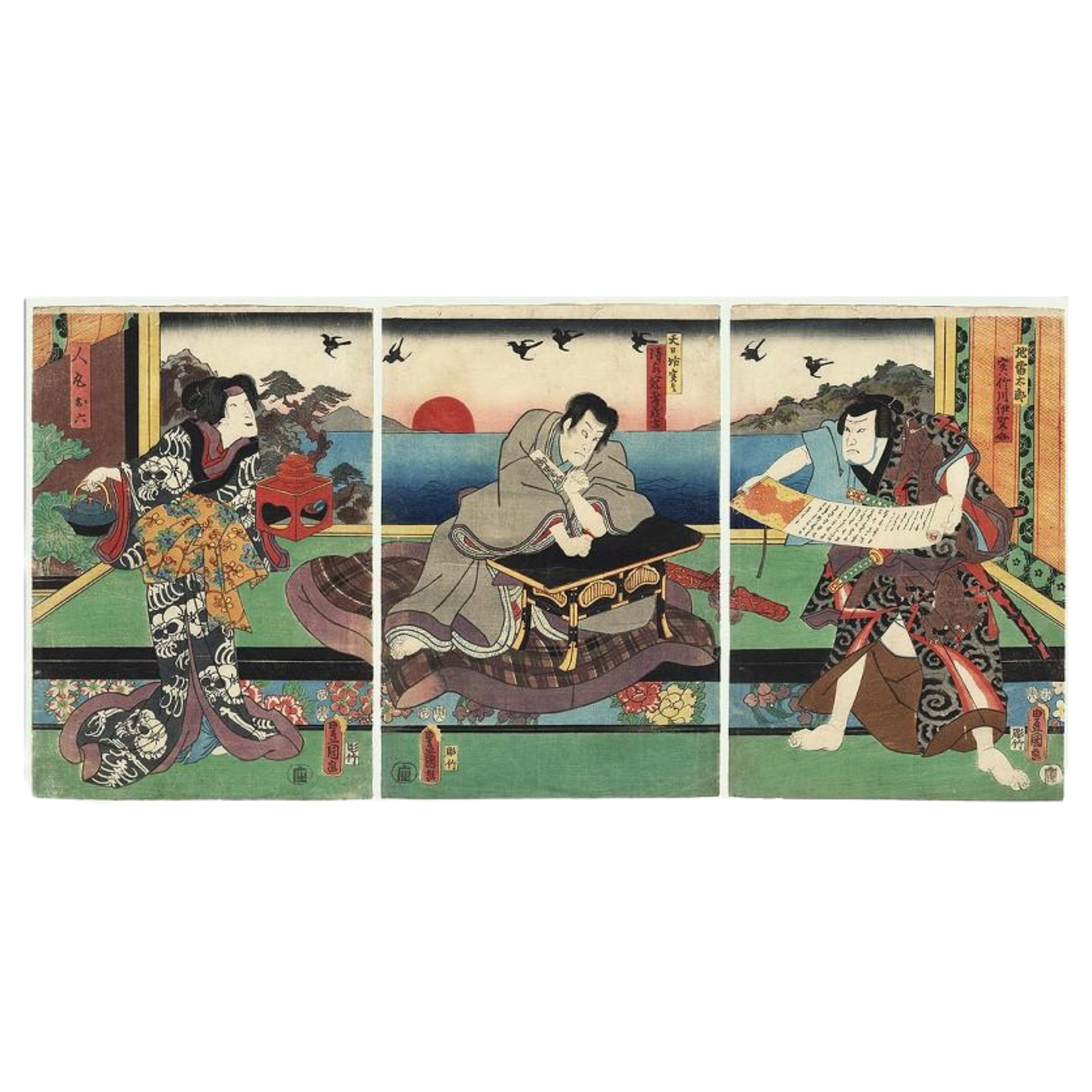 UTAGAWA KUNISADA (TOYOKUNI III) - TRIPTICO ATARDECER - 1850