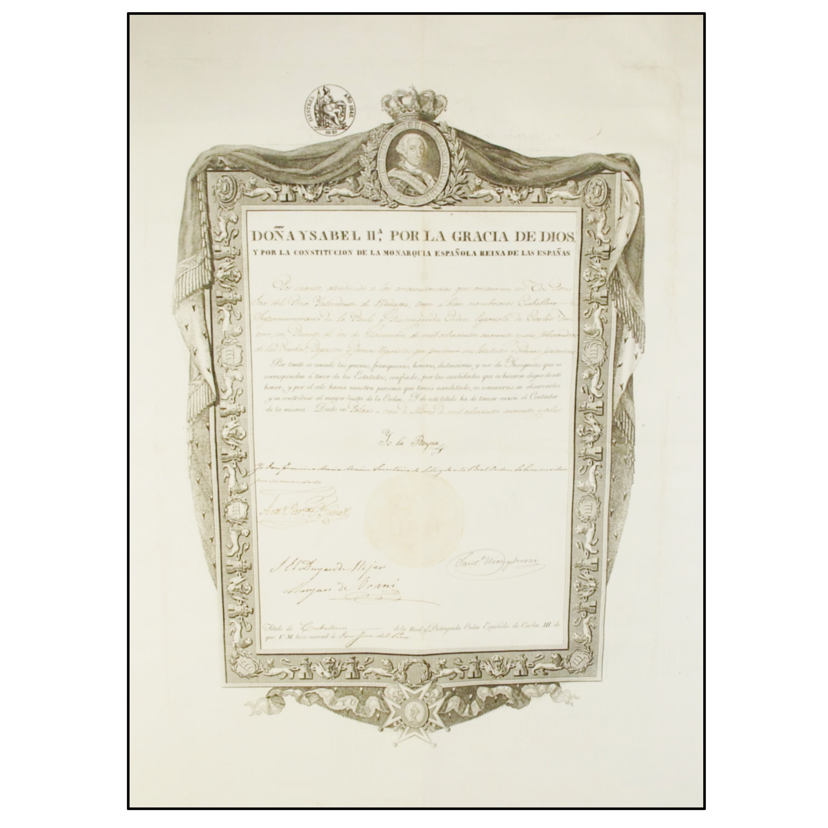 ISABEL II - DOÑA ISABEL SEGUNDA POR LA GRACIA DE DIOS, Y POR LA CONSTITUCIÓN DE LA MONARQUÍA ESPAÑOLA REINA DE LAS ESPAÑAS. CONCEDE EL TÍTULO DE CABALLERO DE LA REAL ORDEN DE CARLOS III A DON JOSÉ DEL PINO - 1847