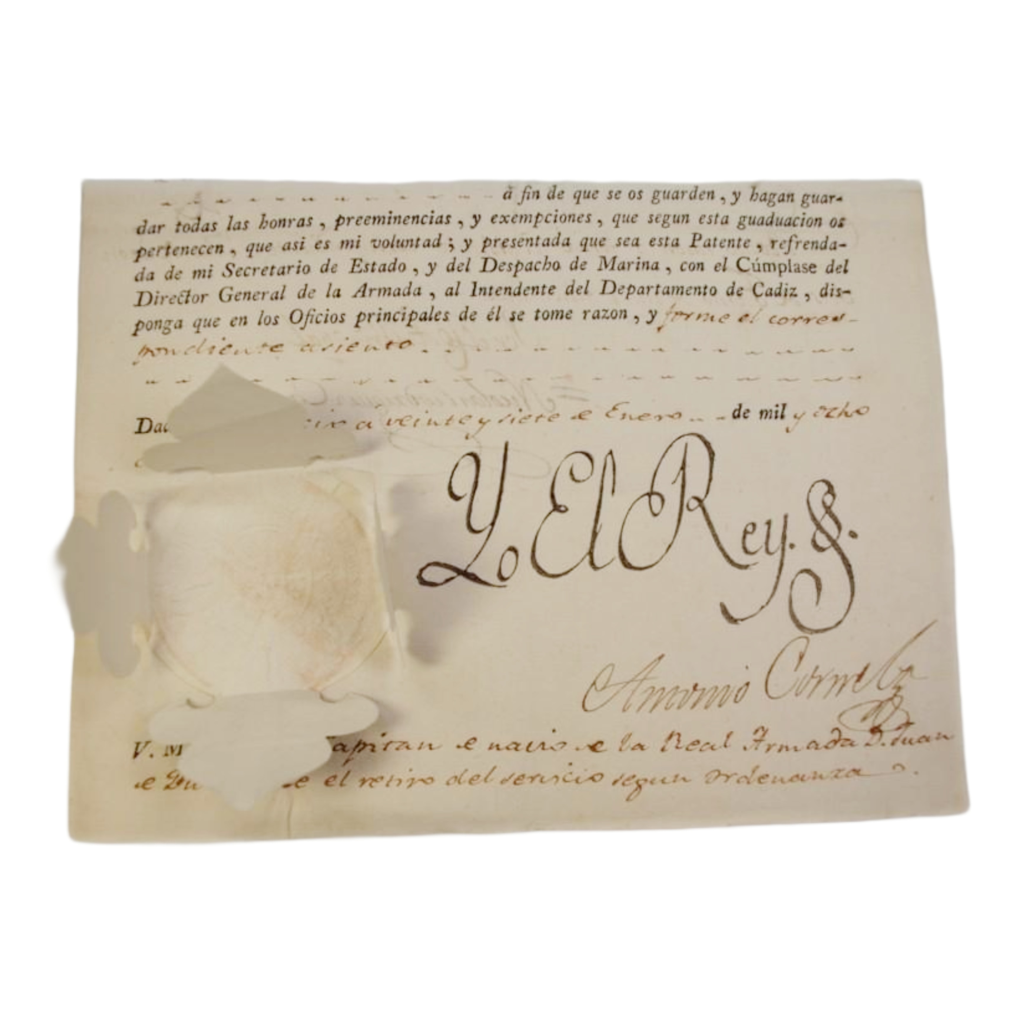 EL REY CONCEDE AL CAPITÁN DE NAVÍO DE LA REAL ARMADA D. JUAN DE DIOS PONCE EL RETIRO DEL SERVICIO SEGUN ORDENANZA- 1800