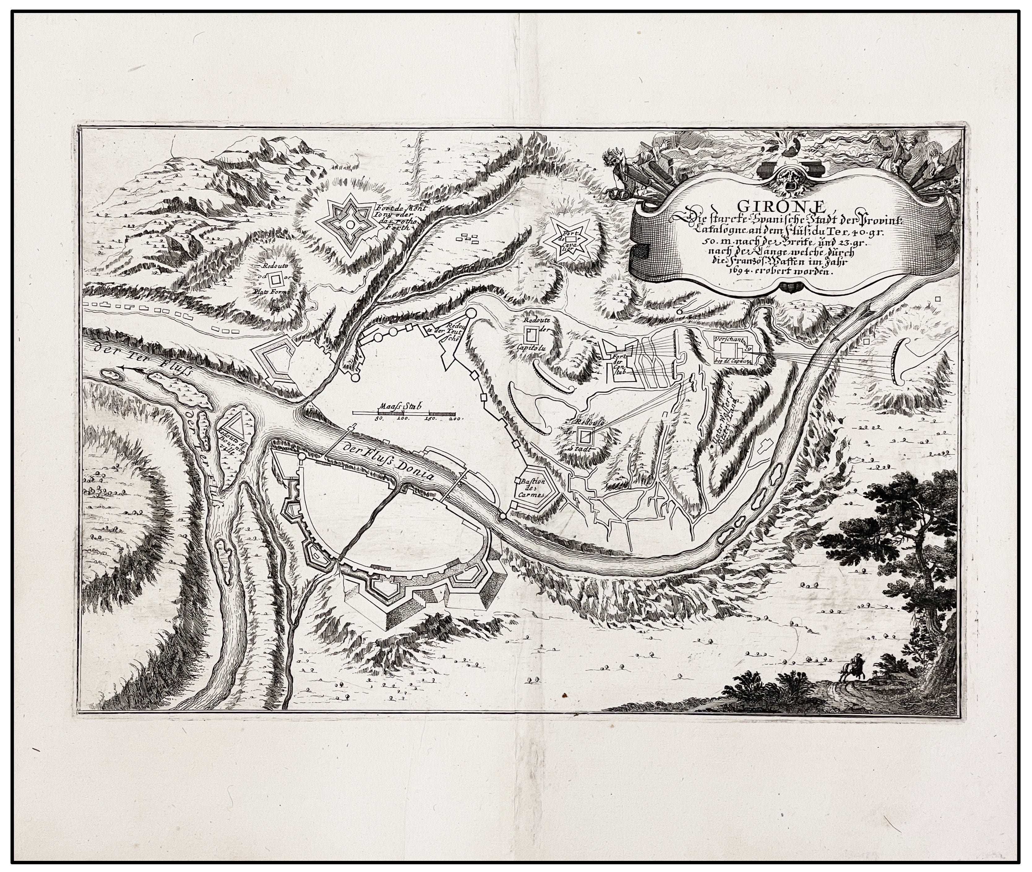 MATTHÄUS MERIAN - PLANO DE GERONA TRAS ASEDIO DE FRANCESES - 1704