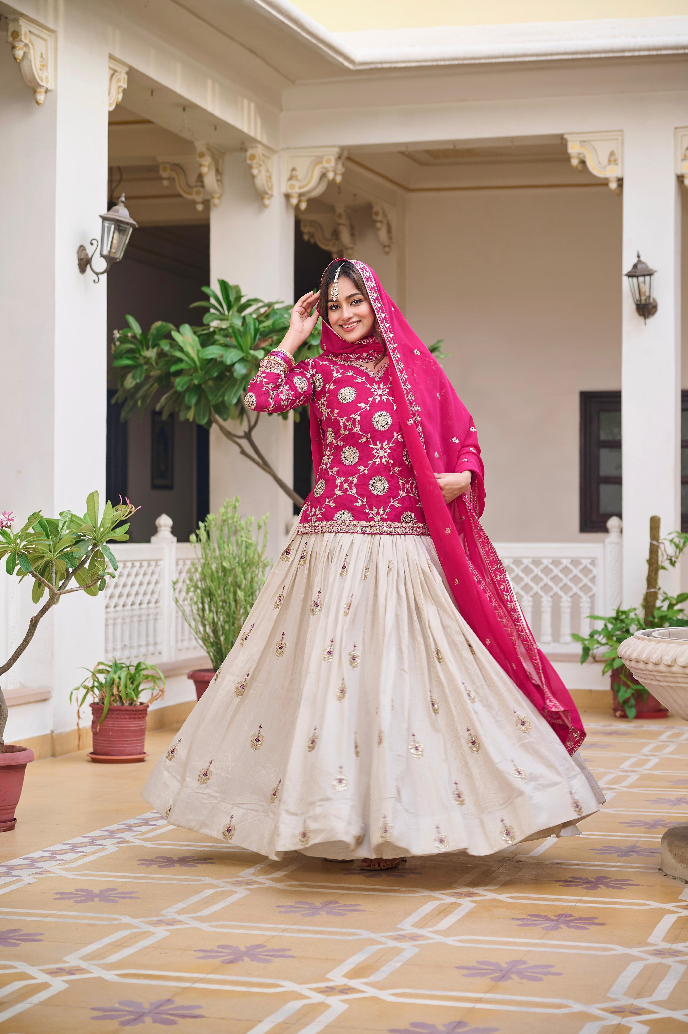 Embroidered Pink and Cream Lehenga choli Set