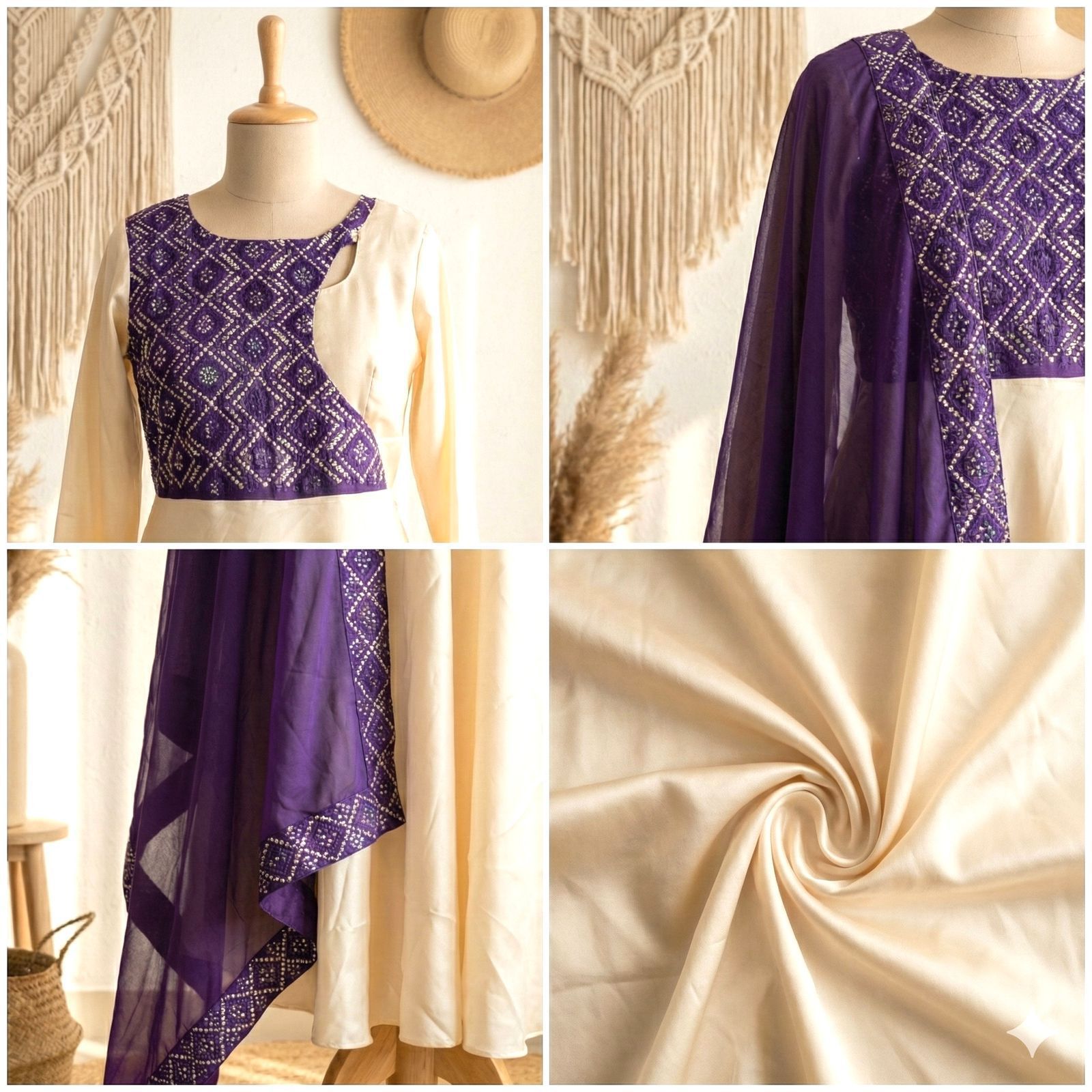 Elegant Beige and Purple Anarkali Dress
