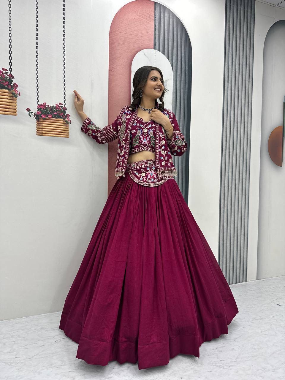 Heavy Work Embroidered Maroon Lehenga Set