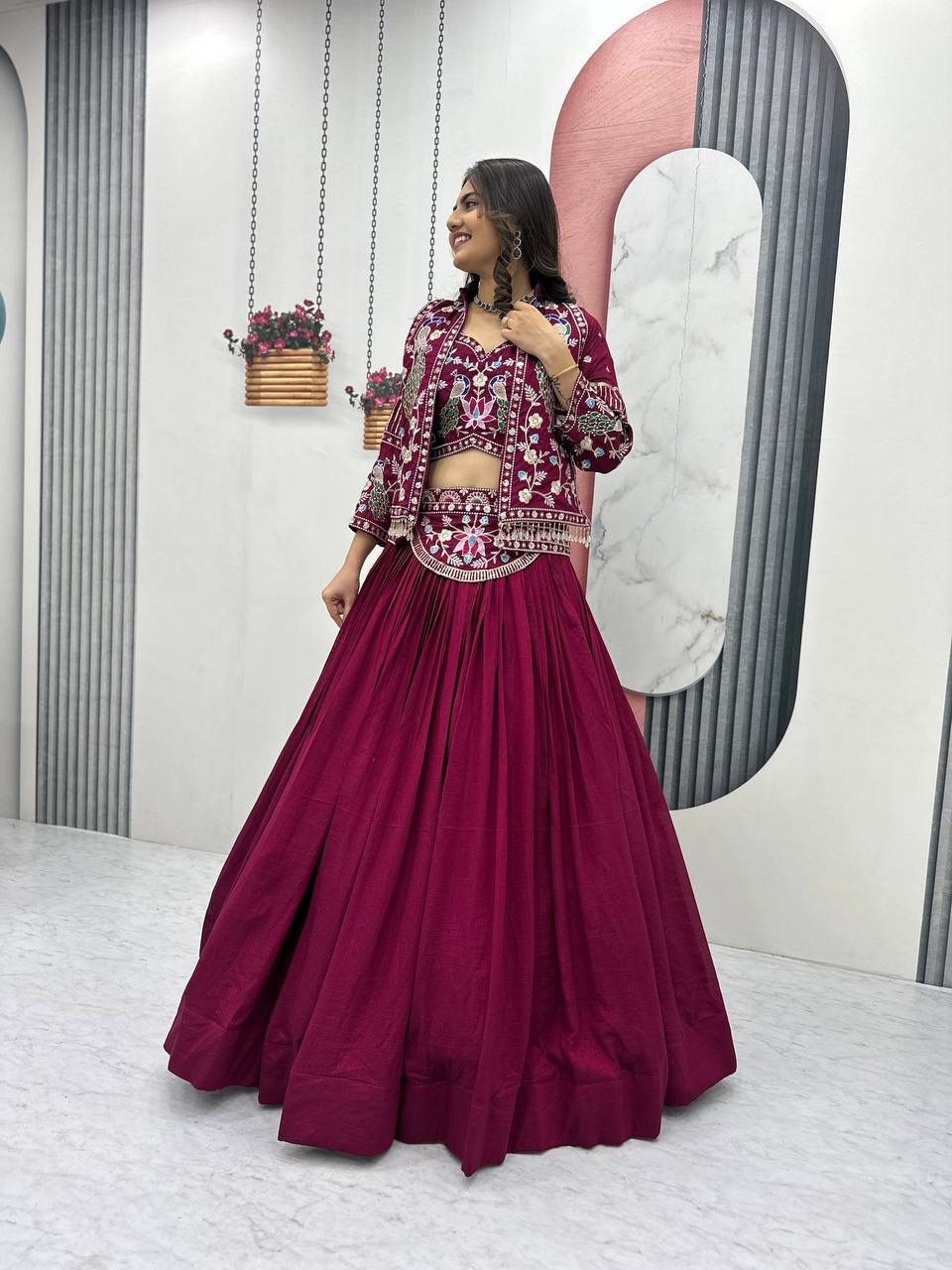 Heavy Work Embroidered Maroon Lehenga Set