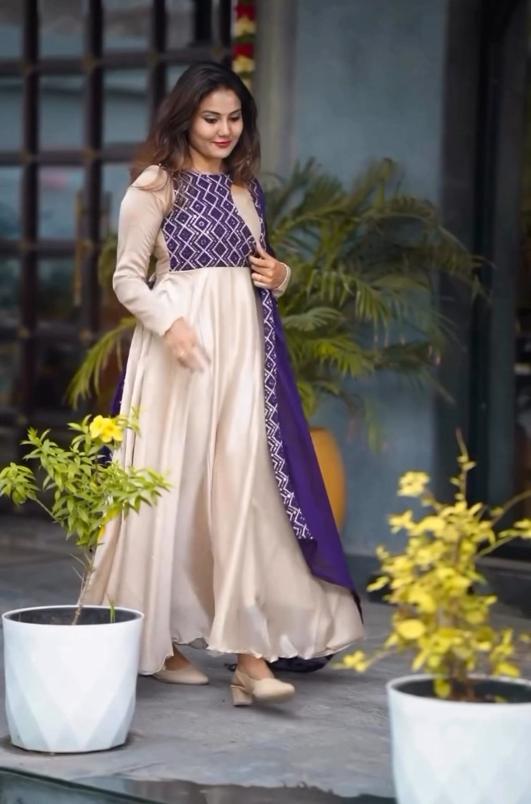 Elegant Beige and Purple Anarkali Dress