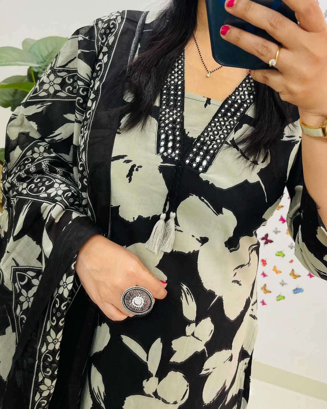 Elegant Black Floral Printed Suit